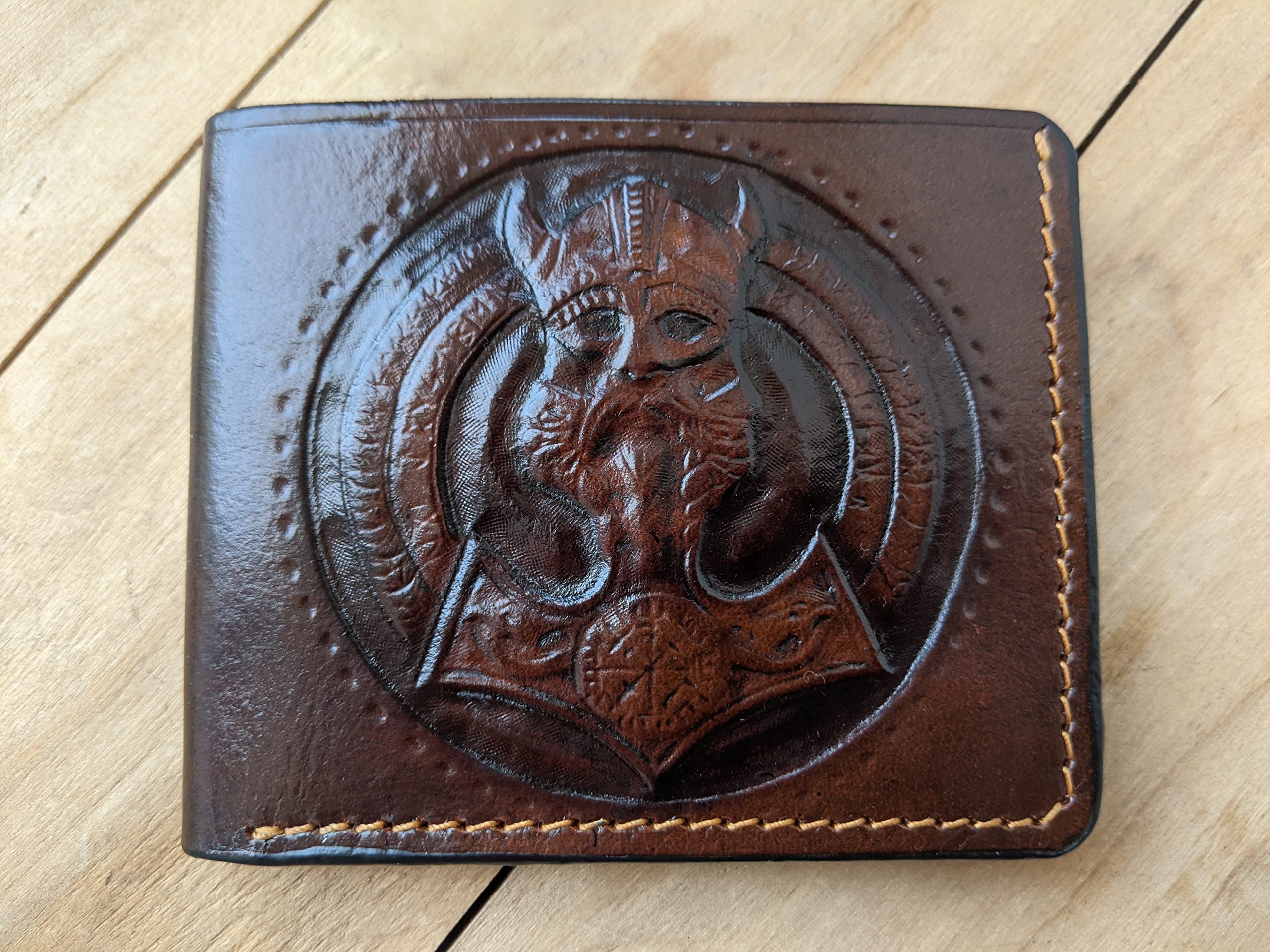 Thor Hammer Viking Men's 3D Genuine Leather Bifold Wallet - Handmade Odin Mjolnir Carved Tooled Airbrush Art Custom Personalized Wallet for Everyday Use & Gift Giving