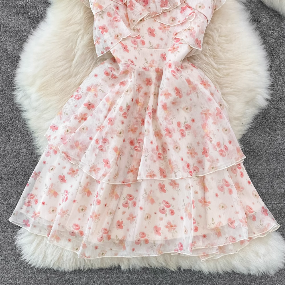 Korean Style V-Neck Ruffled A-Line Floral Dress 1625 - Elegant Summer Dress for Women, Perfect for Weddings, Parties & Casual Outings