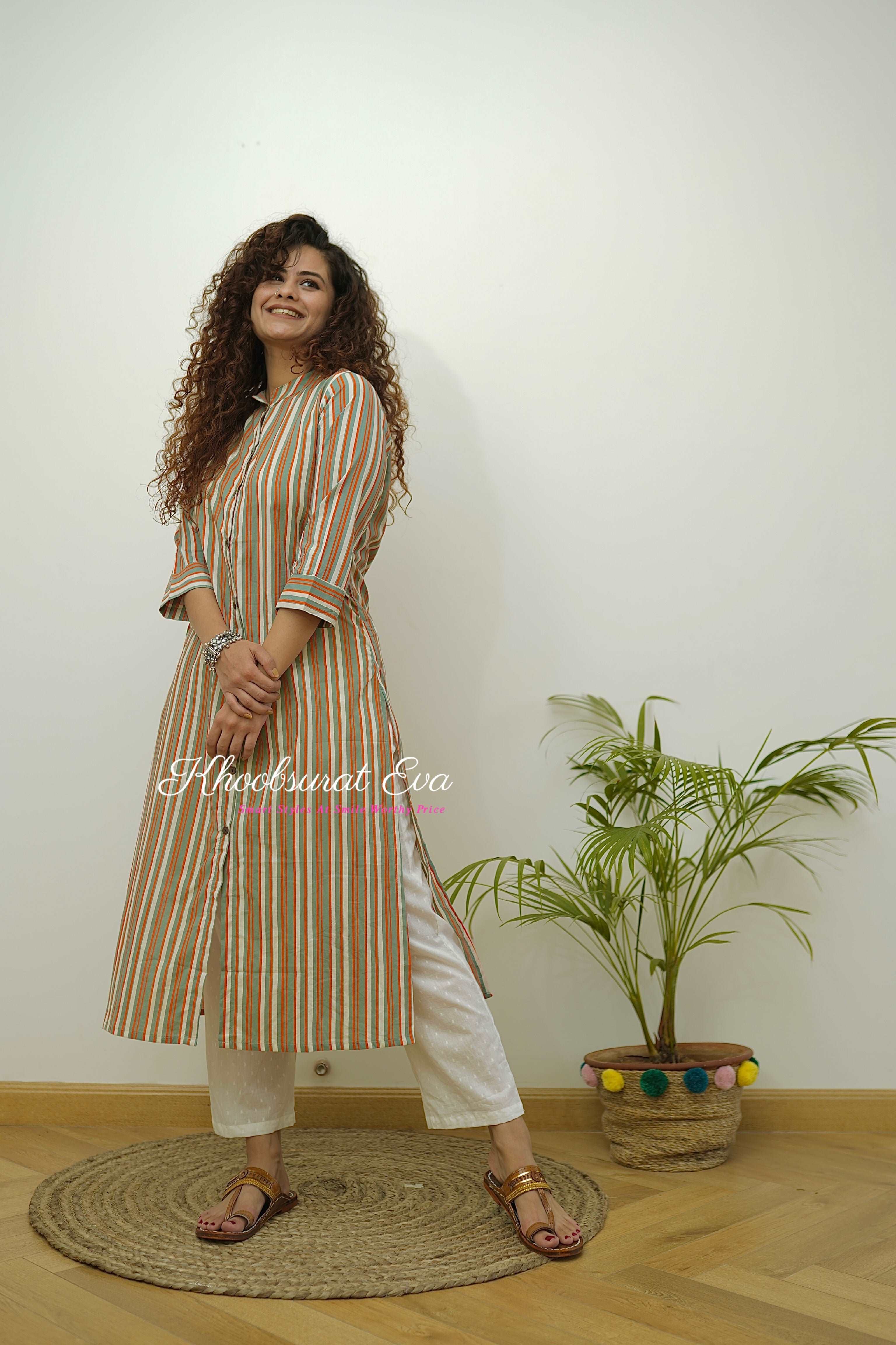 Beige Cotton Stripes Printed Straight Kurta for Women - Comfortable Casual Wear for Everyday & Festive Occasions