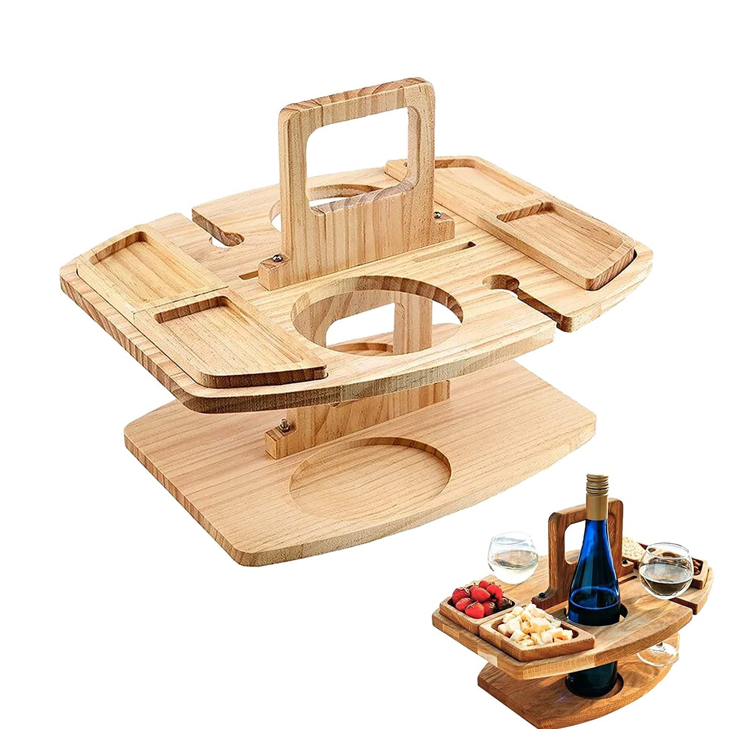 Portable Wooden Picnic Wine Table with Handle - Outdoor Snack & Cheese Tray with Detachable Wine Bottle & Goblet Holder - Foldable Beach Bar Table Serving Platter for Backyard, Camping, and Beach Parties