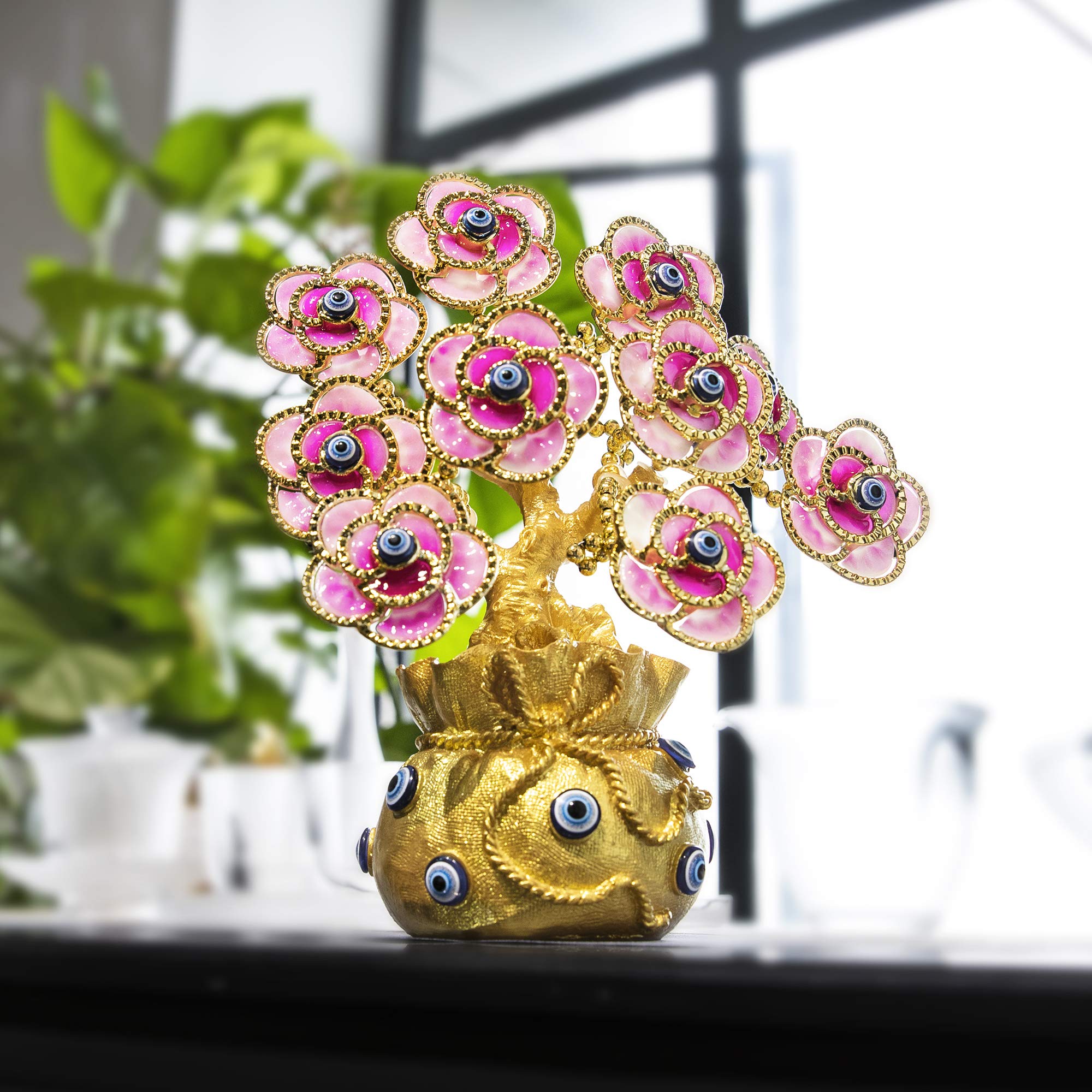 YU FENG Turkish Evil Eye Tree with Golden Lucky Bag - Artificial Plant in Vase for Home & Office Decor - Brings Good Luck, Wealth & Positive Energy | Perfect for Living Room, Bedroom, or Gift