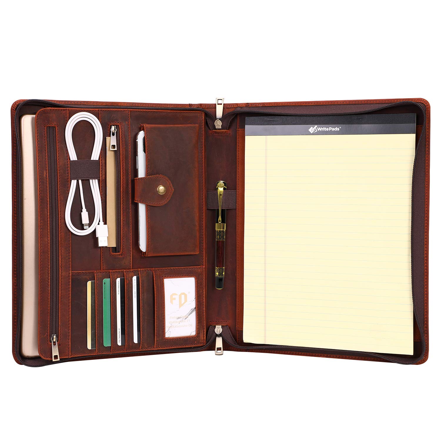 Premium Genuine Crazy Horse Leather Portfolio for Men & Women - Handmade Business Document Folder with Zipper, Professional Padfolio Organizer for Resume, Meetings, Interviews & Business Travel - Perfect for Executives, Job Seekers & Corporate Gifts