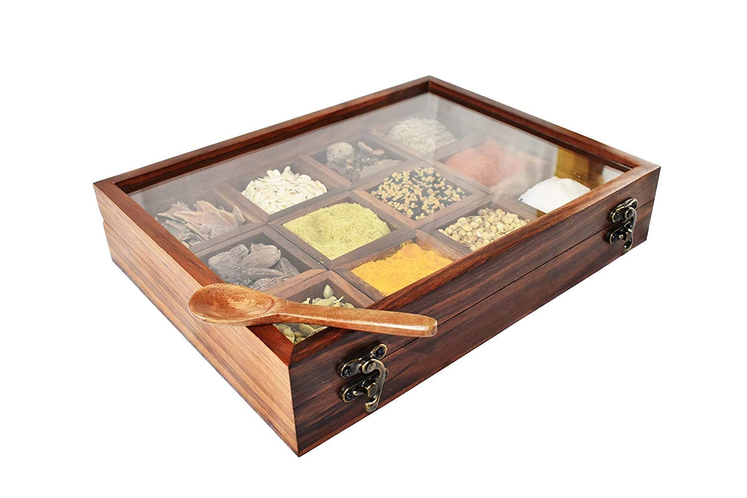 Premium Sheesham Wood Spice Box with 12 Compartments - Handcrafted Whole Spice Storage Organizer for Kitchen, Pantry & Indian Cooking | Durable Brown Wooden Spice Rack for Home & Restaurant Use