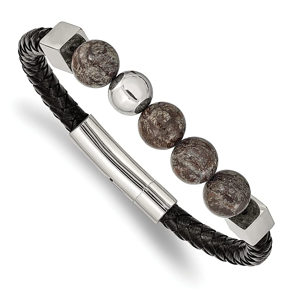 ICE CARATS Men's Labradorite Beads Bracelet - 8.5 Inch Stainless Steel & Black Leather Cord with Natural Stone Shell Wood Accents - Fashion Jewelry Gift for Dad, Husband, Boyfriend - Perfect for Casual Wear, Office & Special Occasions