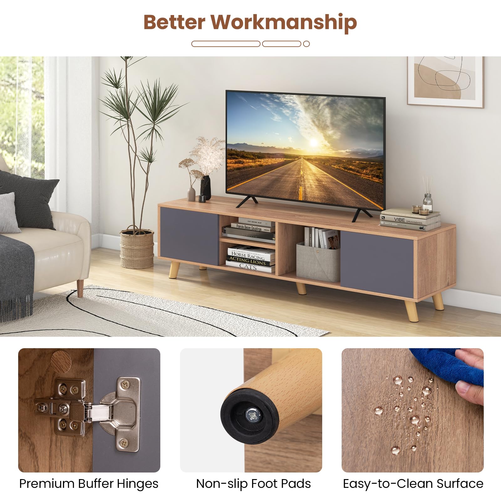 Tangkula 65 Inch TV Stand with 2 Doors & Open Shelves - Modern Media Console with Cable Management Holes - Entertainment Center for Living Room, Bedroom & Home Theater (Natural Gray Finish) - Perfect for Streaming, Gaming & Home Decor