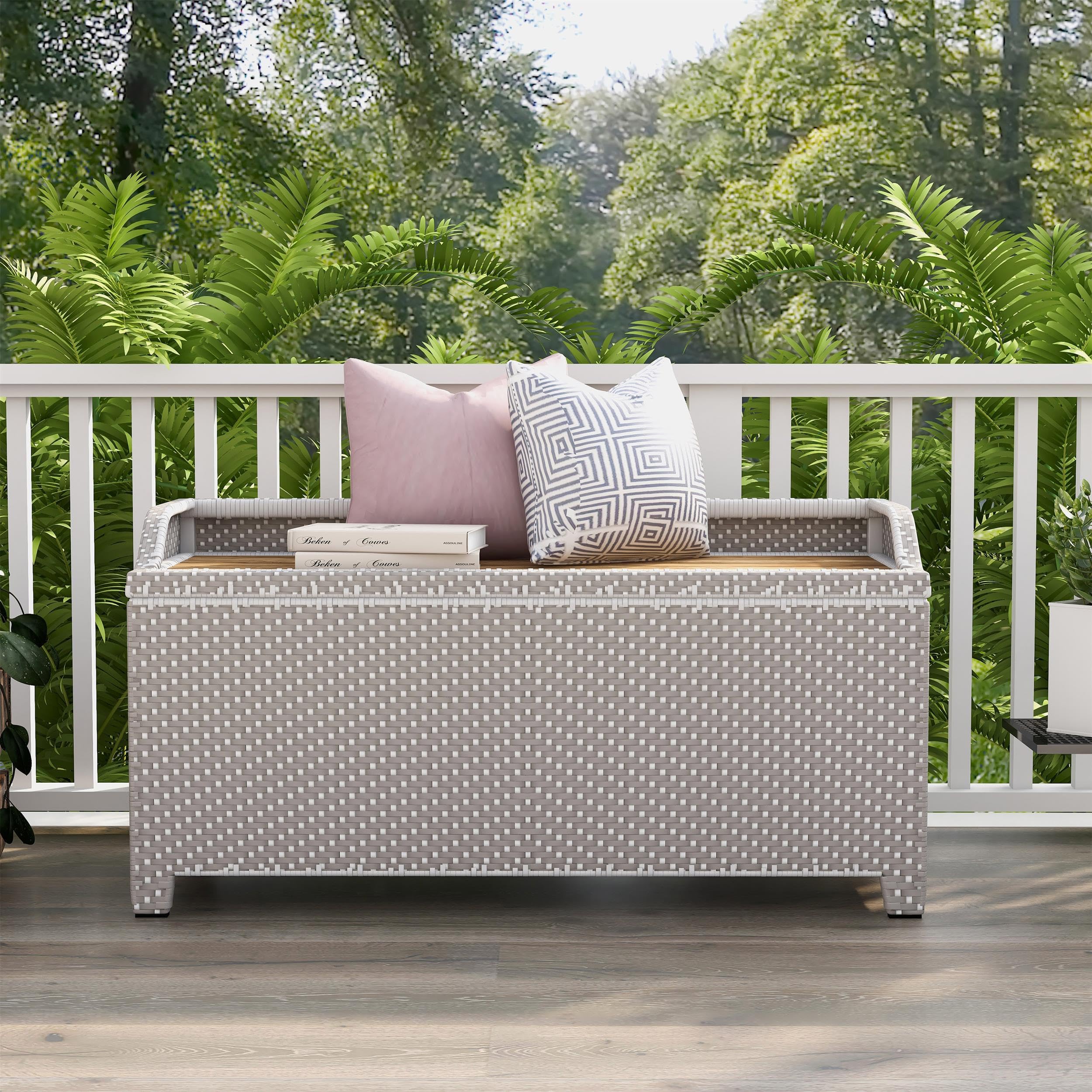 Azur Gray Outdoor Wicker Metal Storage Bench - Weather-Resistant Poolside Furniture with Storage for Patio, Garden & Backyard Decor