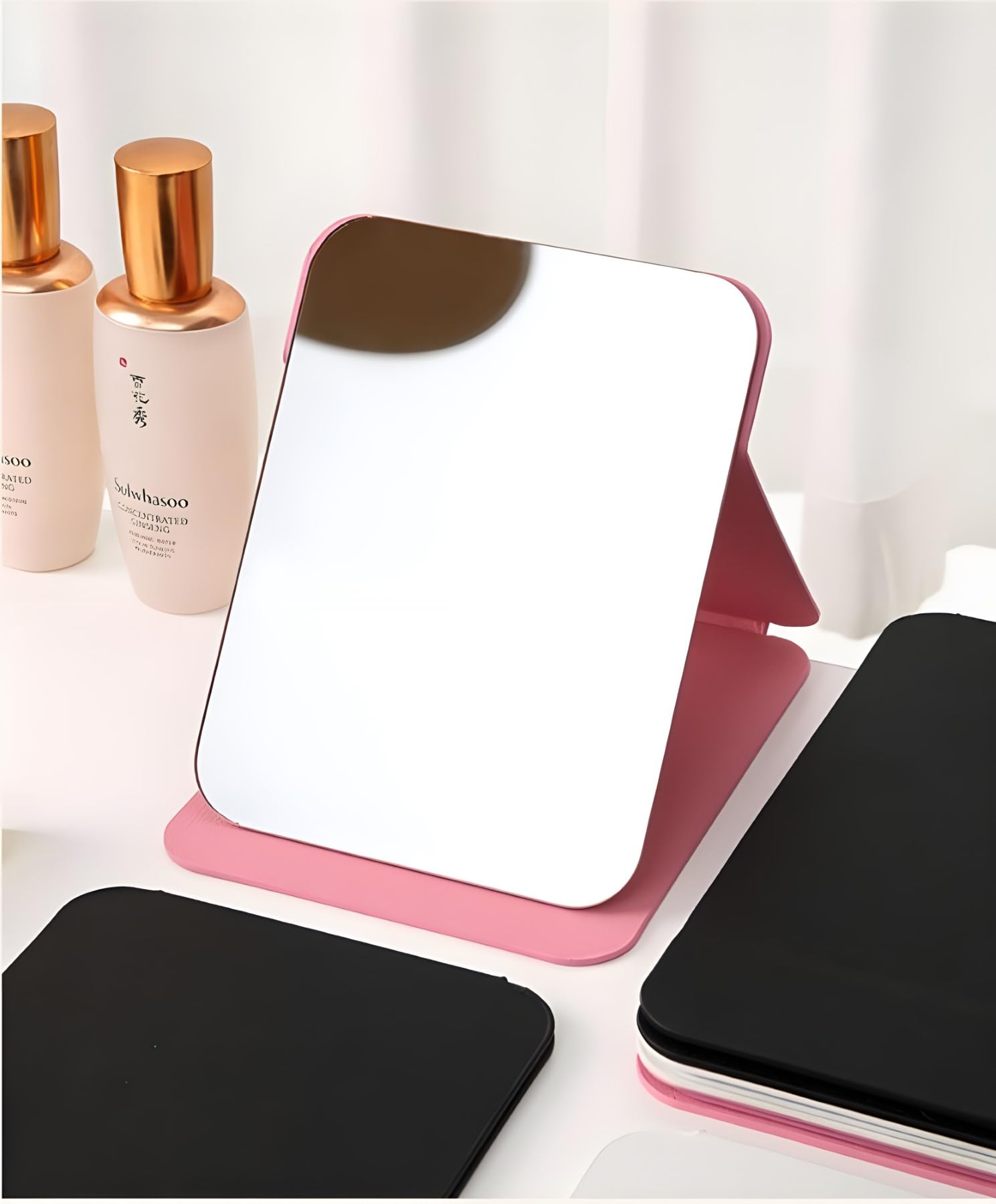 VELINEX Portable Folding Makeup Mirror with Adjustable Angle - Compact Travel Mirror for Vanity, Bathroom & Dressing Table - Single Sided Round Edge Design (Pink) | Perfect for Home Use, Travel & Gift Giving