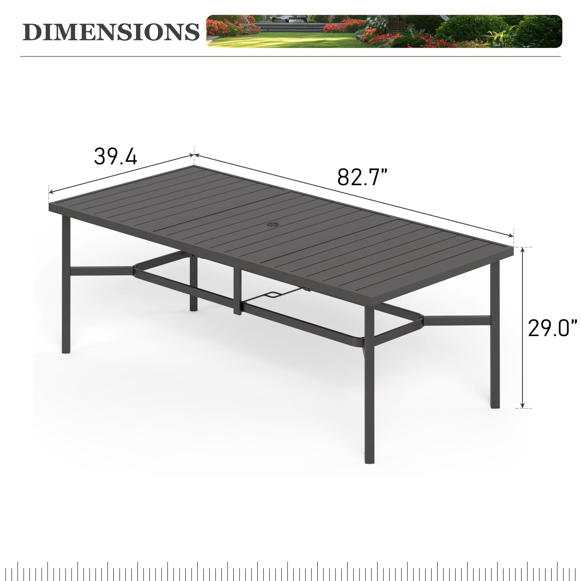 HERA'S HOUSE 8-Person Outdoor Dining Table with Umbrella Hole - Black Rectangle Metal Patio Table for Lawn, Garden, Backyard & Restaurant - Perfect for Family Gatherings, BBQ Parties & Outdoor Entertaining
