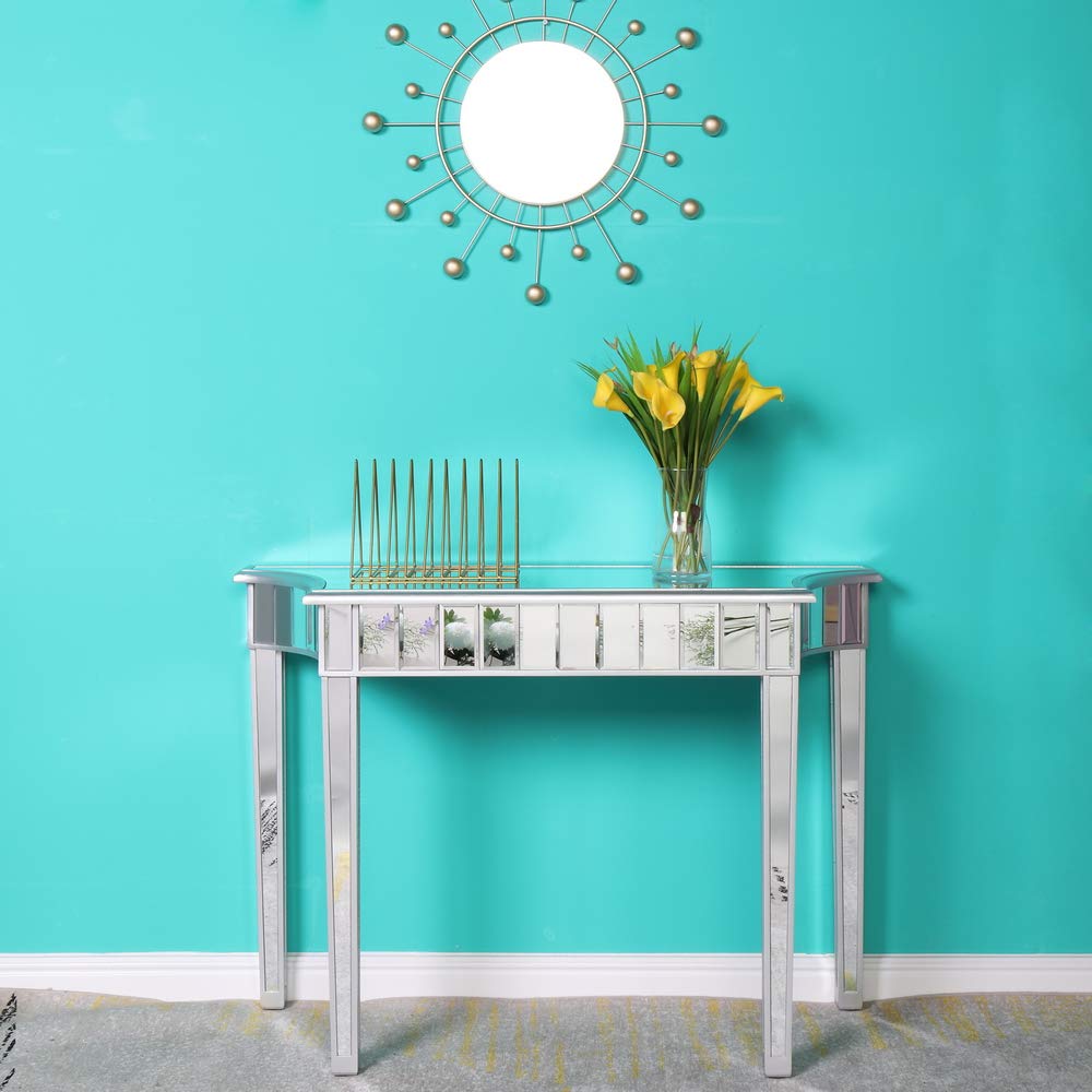 Modern Silver Mirrored Console Table - Makeup Vanity Dressing Table with Mirror, Sofa Side Table & Entryway Hall Table for Women | Home Office, Bedroom & Living Room Decor