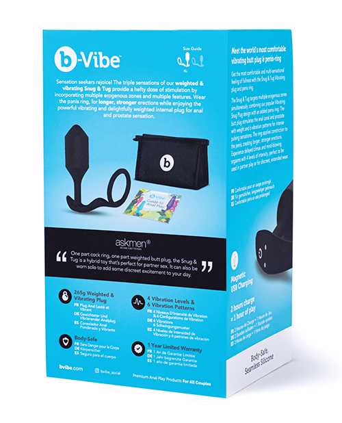 B Vibe Rechargeable Silicone Cock Ring & Anal Plug - Snug & Tug Vibrating Pleasure Toy for Couples (XLarge, Black) | Enhance Intimacy & Spice Up Your Sex Life