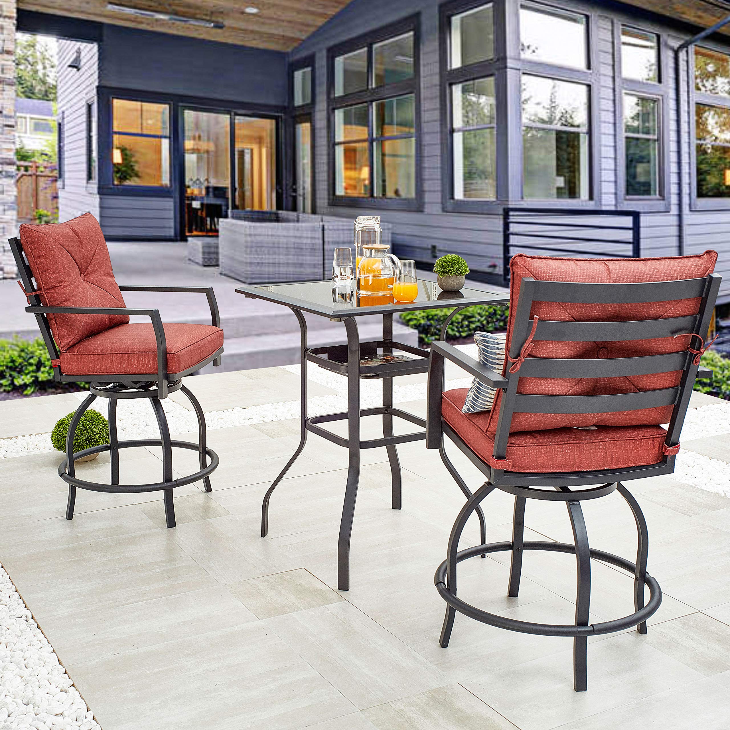 LOKATSE HOME 3-Piece Outdoor Swivel Chair Set - Patio Bar Stools with Cushions & Coffee Table - Metal Height-Adjustable Bistro Furniture (Red) - Perfect for Backyard, Garden, Poolside & Balcony Relaxation
