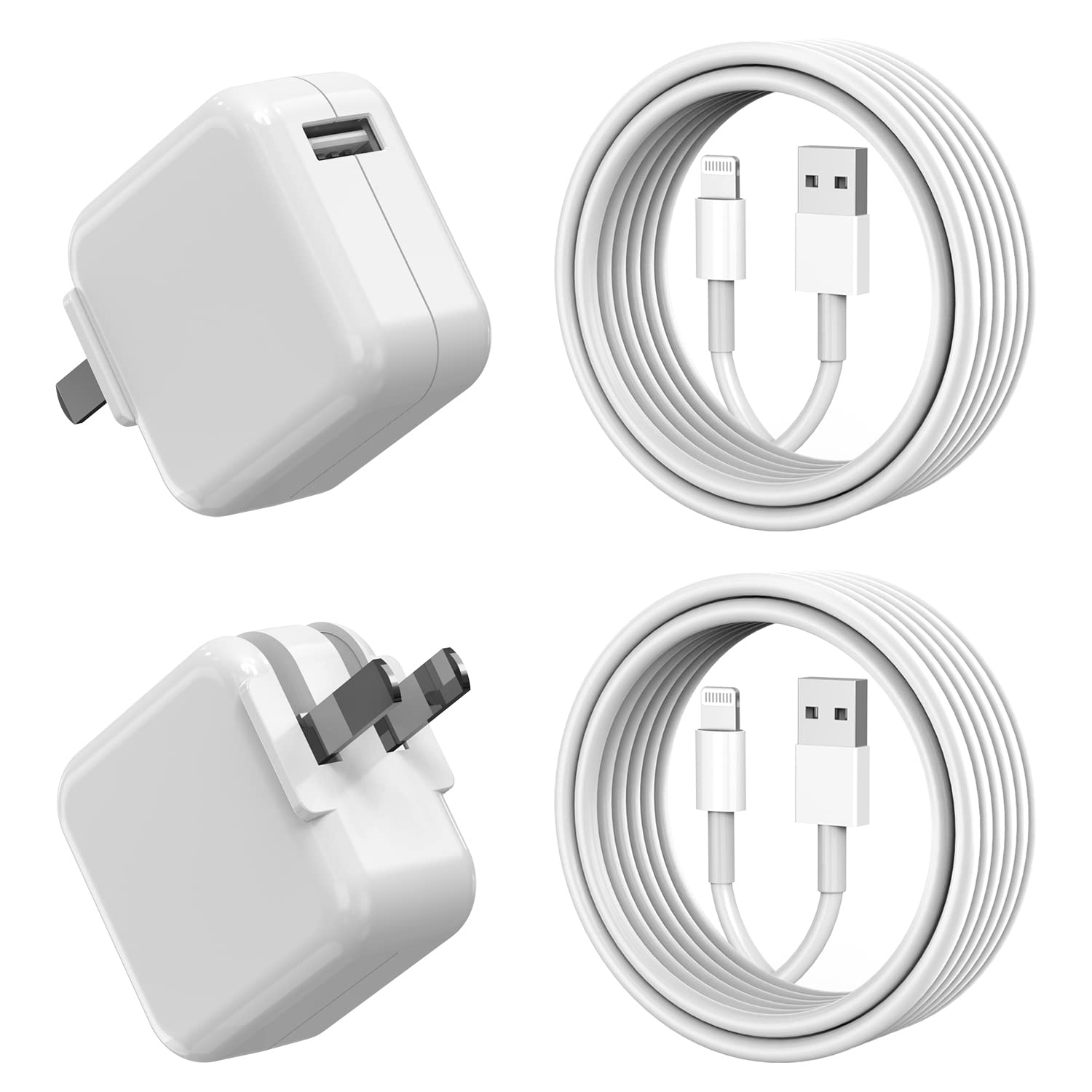 Apple MFi Certified 12W Fast Charger with 3.3FT Lightning Cable - 2-Pack Foldable Travel Plug for iPhone 14/13/12/11/X/8, iPad Pro/Air/Mini - Perfect for Home, Office & Travel Charging
