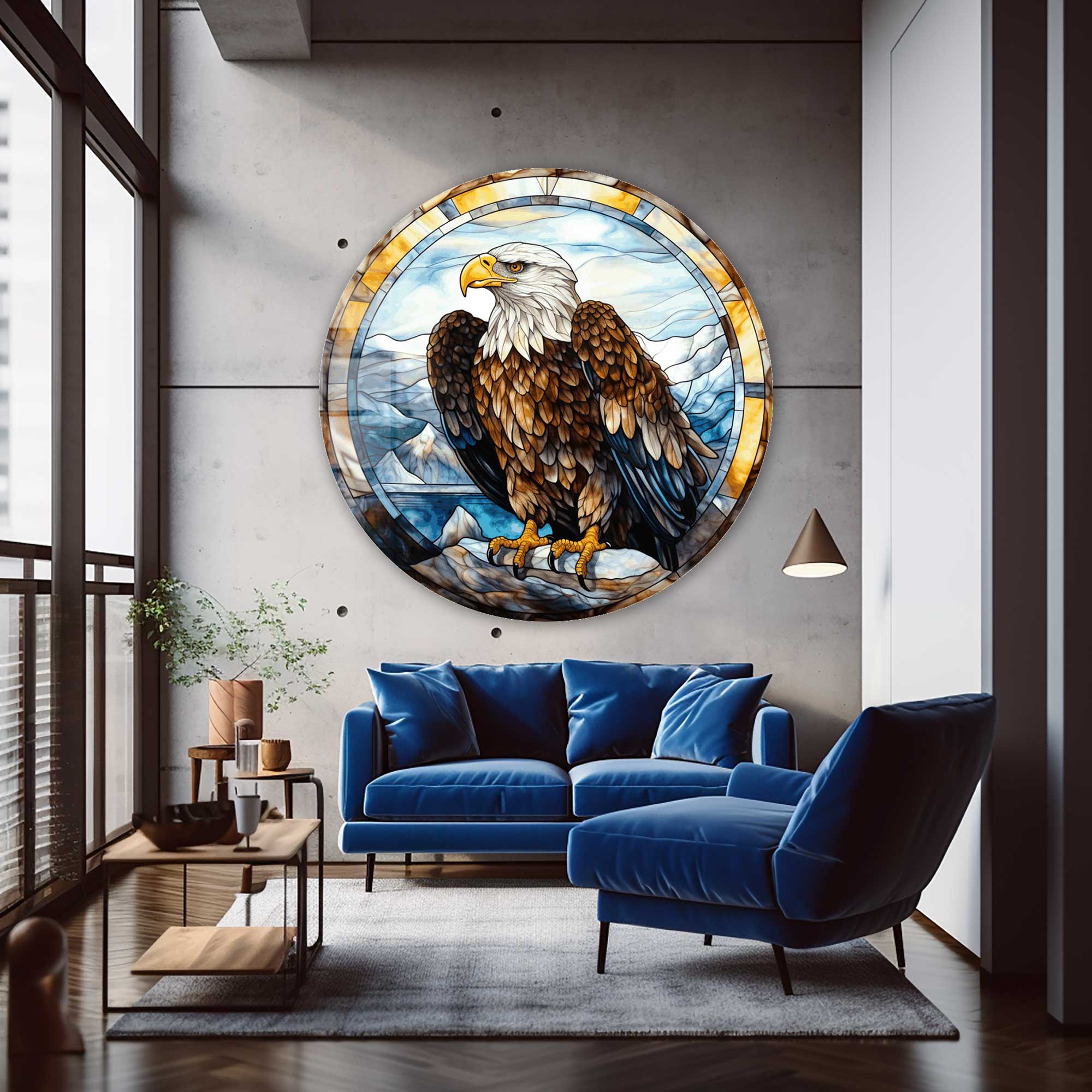 Stained Eagle III Rounded Glass Wall Art - Handcrafted Modern Home Decor for Living Room, Bedroom & Office