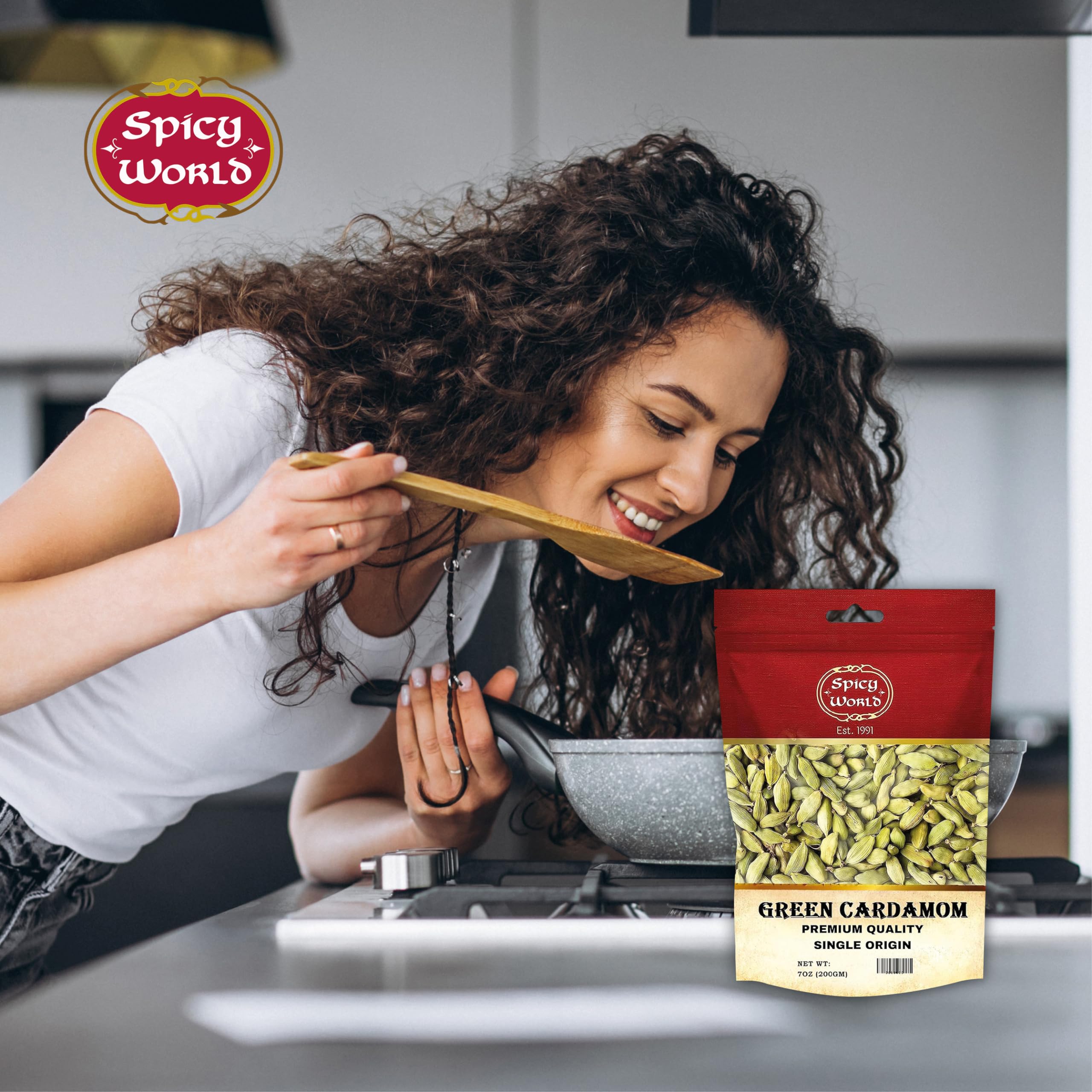 Premium Whole Green Cardamom Pods 7oz (200g) - Organic, Vegan, Aromatic Spice for Baking, Tea & Indian Cooking - Fresh Large Cardamom Seeds by Spicy World