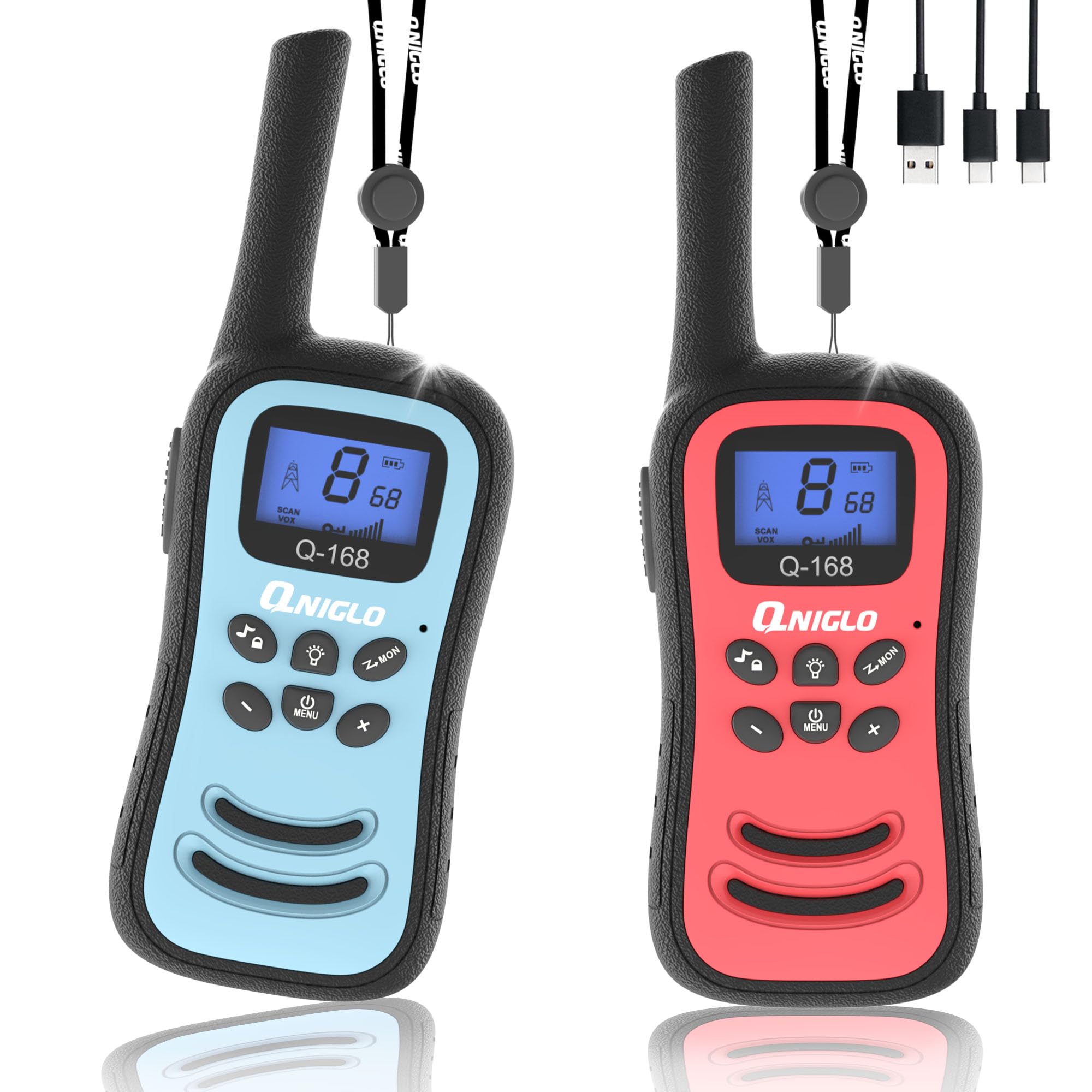 QNIGLO Rechargeable Walkie Talkies for Kids - Long Range 2 Way Radios with 22 FRS Channels & LED Flashlight - Best Toys Gift for Boys Girls Ages 3-14 - Perfect for Outdoor Adventures, Camping, Hiking and Family Games