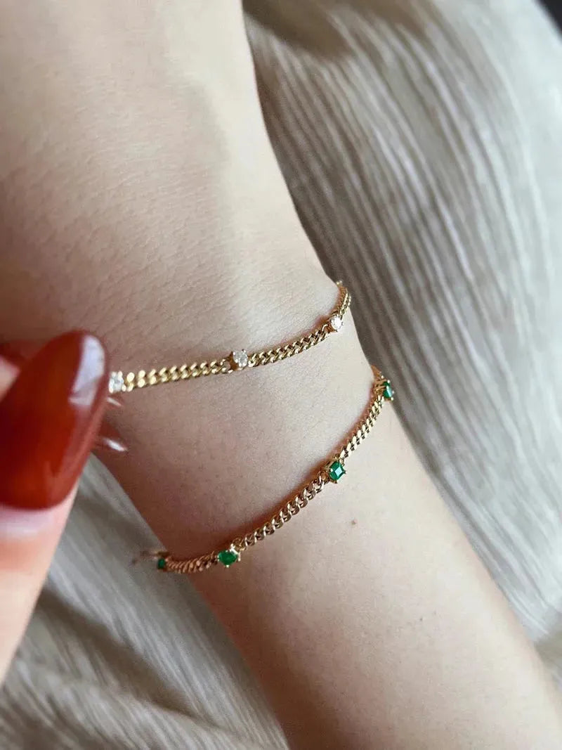 18K Yellow Gold Bracelet for Women - Real Natural Emerald or Diamond Fashion Jewelry, Elegant INS Style Birthday Gift for Her - Perfect for Anniversaries, Parties & Special Occasions