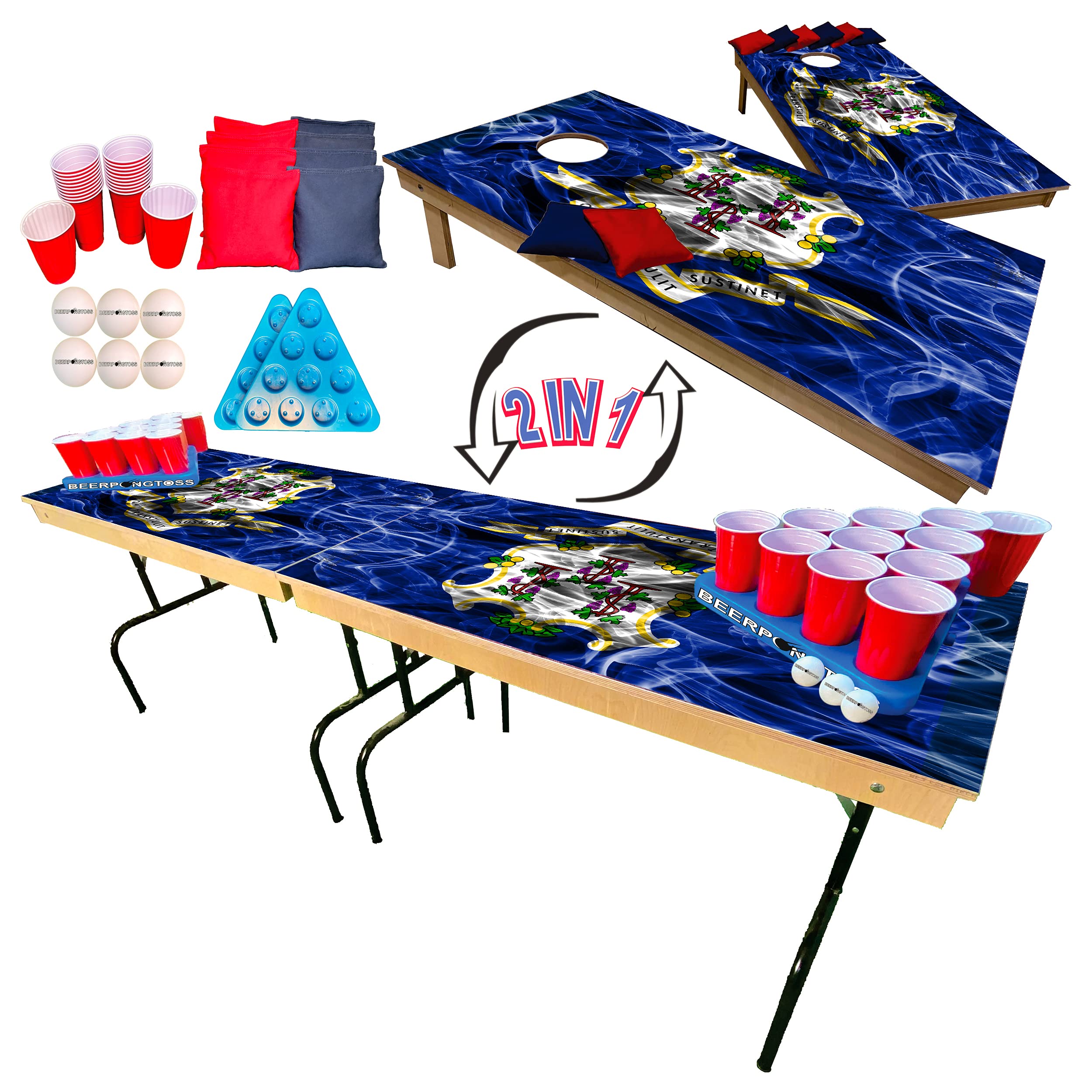 2-in-1 Cornhole & Tailgate Pong Table with Connecticut State Flag Design - 8ft Portable Game Set for College Parties, Tailgating & Backyard Fun - Includes 2 Cornhole Boards (4x2ft), 8 Bags, 22 Cups, 6 Balls & 2 Racks - Perfect for Outdoor Gatherings, BBQs & Game Nights