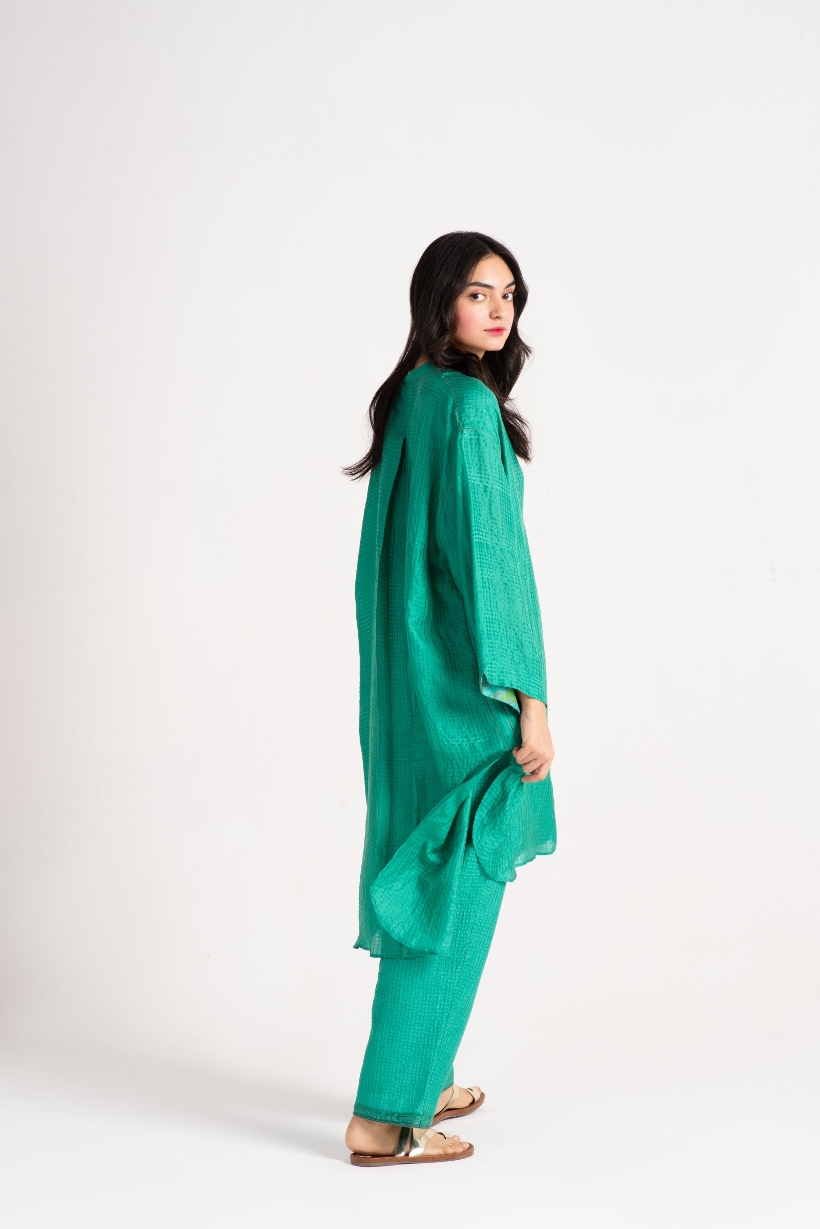 Firoza Kurta Silk Check Aqua - Elegant Embroidered Women's Silk Tunic Top for Casual Wear & Festive Occasions