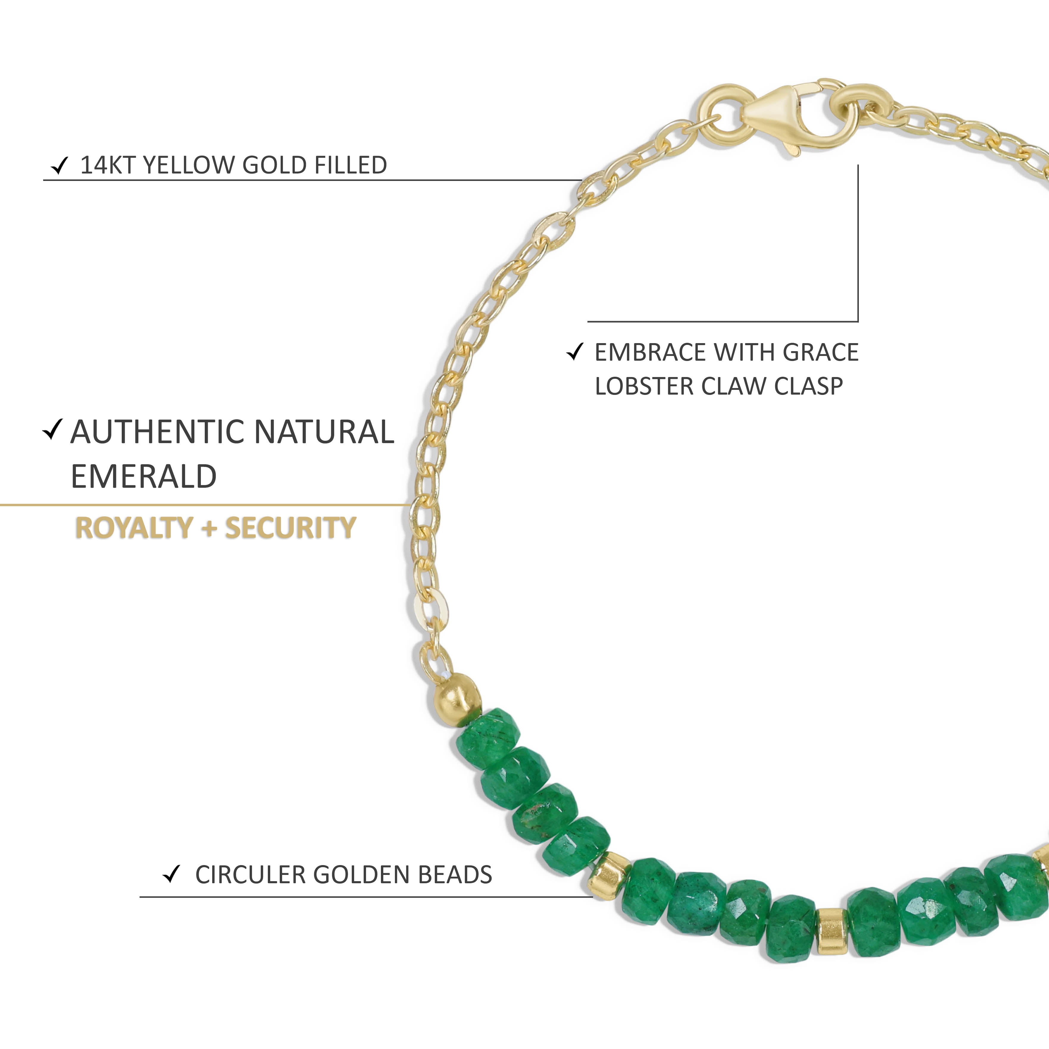 Natural Emerald Beads Yellow Gold Filled Bracelet for Women - Elegant Jewelry Gift for Birthday, Anniversary & Special Occasions