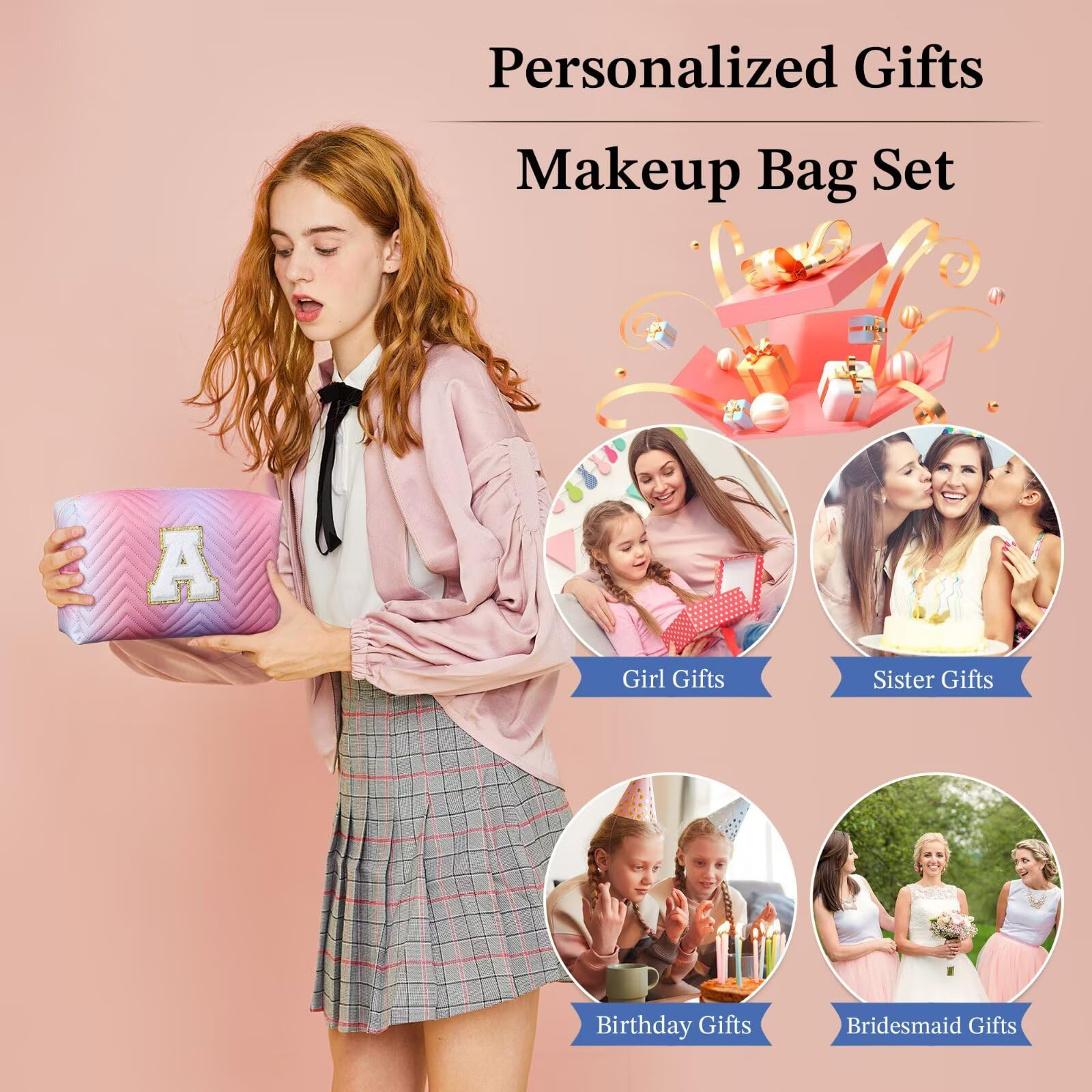 YOOLIFE Personalized Initial Pink Makeup Bag for Girls & Teen Girls - Cute Cosmetic Pouch for Travel, School, Birthday Gifts | Perfect for Makeup Storage, Sleepovers & Teen Essentials Organization
