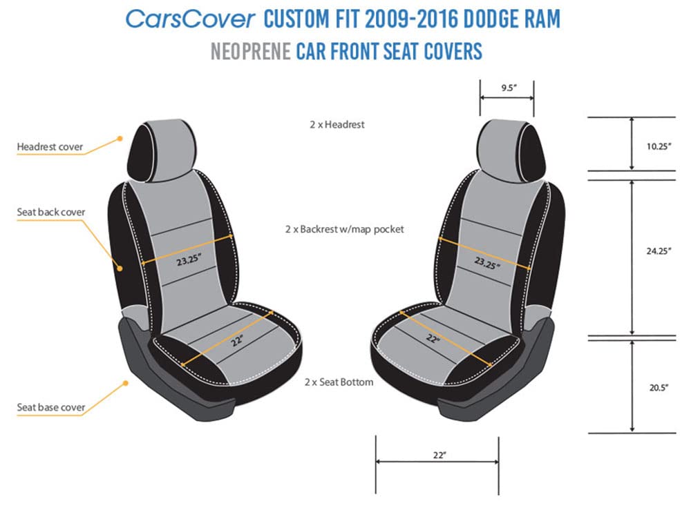 Custom Fit Neoprene Seat Covers for 2009-2016 Dodge Ram 1500/2500/3500 Pickup Truck - Gray & Black Front Seat Covers (Driver & Passenger) - Waterproof, Durable Protection for Work & Daily Commute
