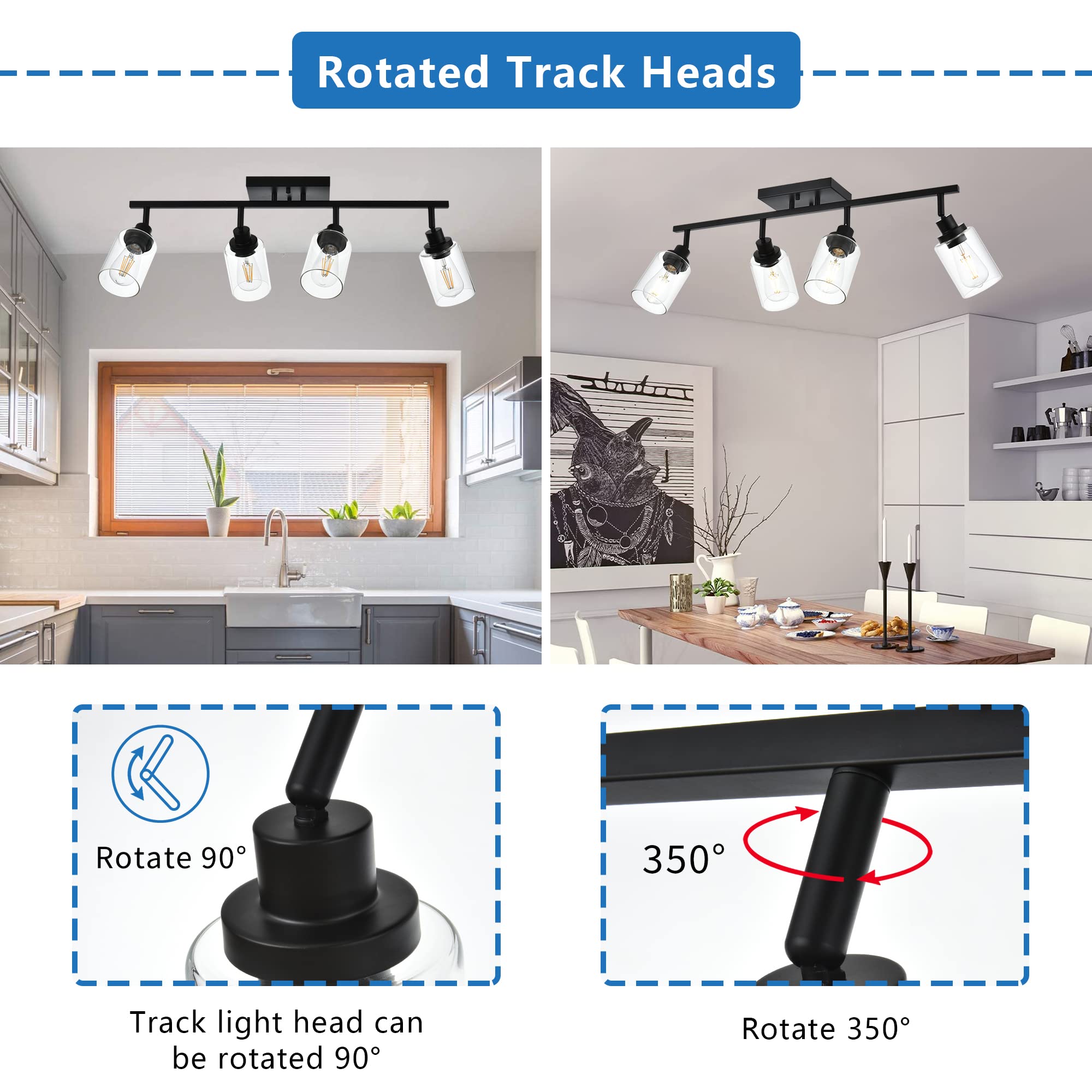 MELUCEE 4-Light Matte Black Track Lighting Kit - Ceiling Spotlight Fixture with Clear Glass Shade for Bathroom, Hallway, Foyer & Storage Areas - Modern Home & Office Lighting Solution
