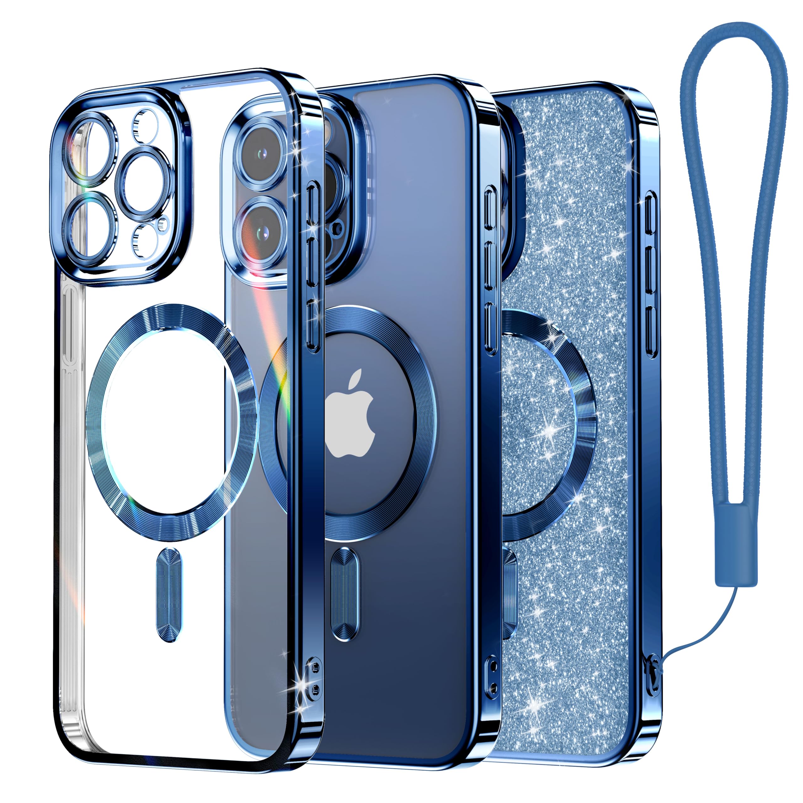 Meifigno Candy Mag Series Magnetic Case for iPhone 15 Pro Max - Magsafe Compatible, Glitter Card & Wrist Strap Included, Full Camera Lens Protection - Deep Blue Women's Phone Case | Perfect for Everyday Use, Travel, and Gift Giving