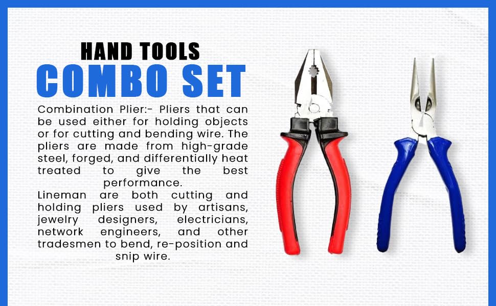 SKY BLUE Enterprises Professional Nose Combo Pliers Set - 2-Piece Multi-Purpose Cutting & Electrical Work Pliers for Home, DIY, and Professional Use | Durable & Ergonomic Hand Tools for Wiring, Crafting, and Repairs