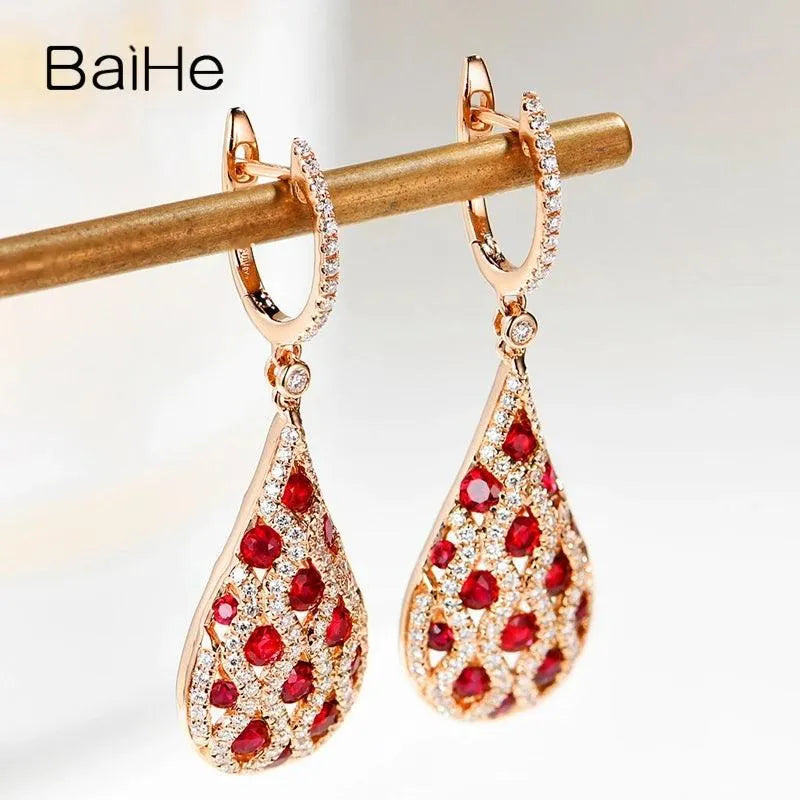 14K Rose Gold Natural Ruby Water Droplet Stud Earrings for Women - Elegant Wedding & Party Jewelry - Perfect Gift for Brides, Anniversaries & Special Occasions