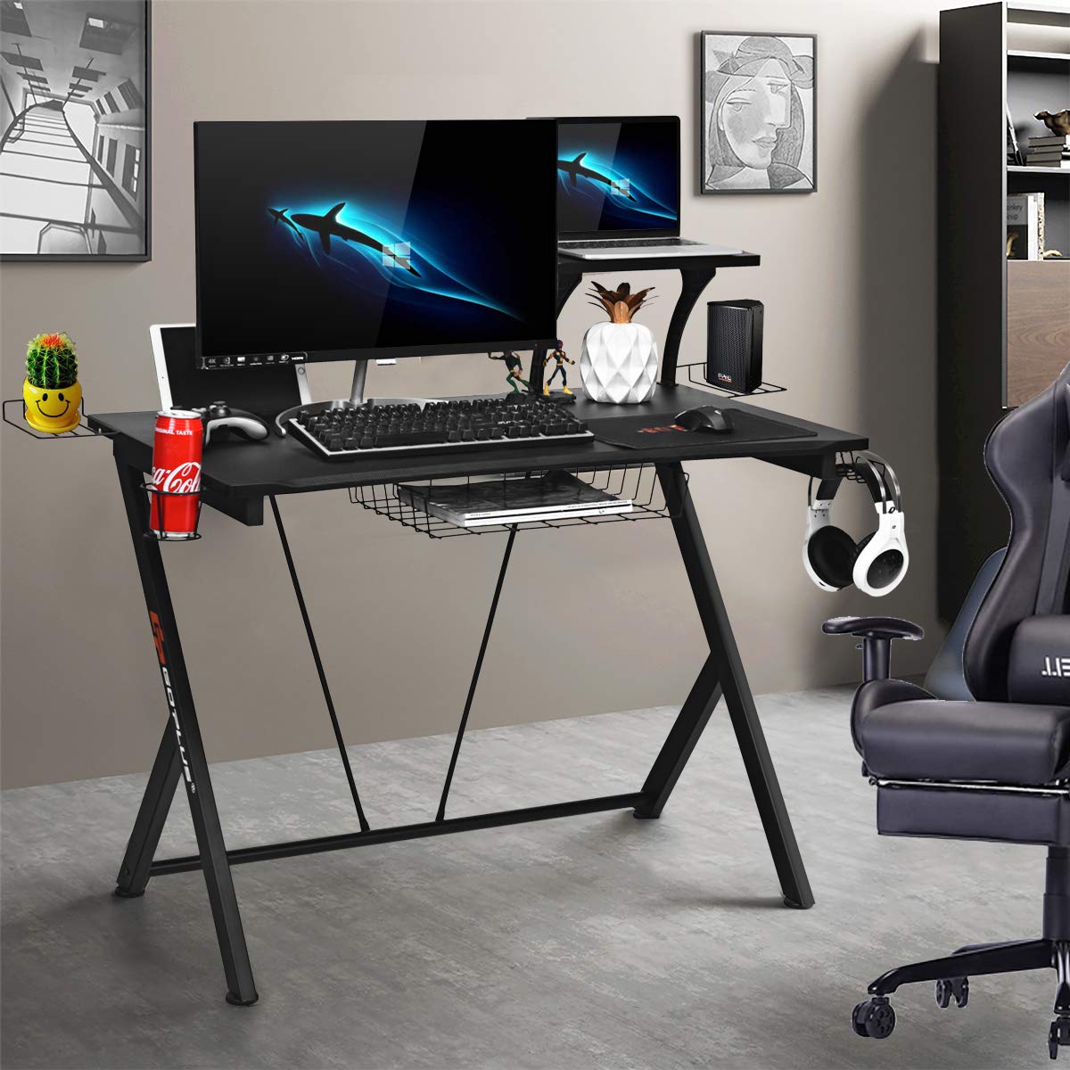 PowerStone 52 Inch Gaming Desk with Monitor Shelf, Storage Basket, Cup Holder & Headphone Hook - Ergonomic Racing Style Computer Desk for PC Gamers & Streamers - Perfect for Esports, Home Office & Gaming Setups