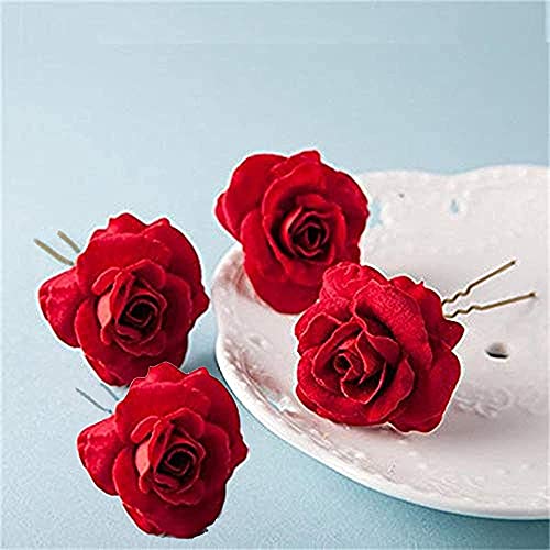 Rose Petals® Bridal Wedding Hair Pins - 8 Pack Red Rose Flower Hair Clips with Golden Accents for Women & Girls - Perfect for Weddings, Prom, Parties & Special Occasions