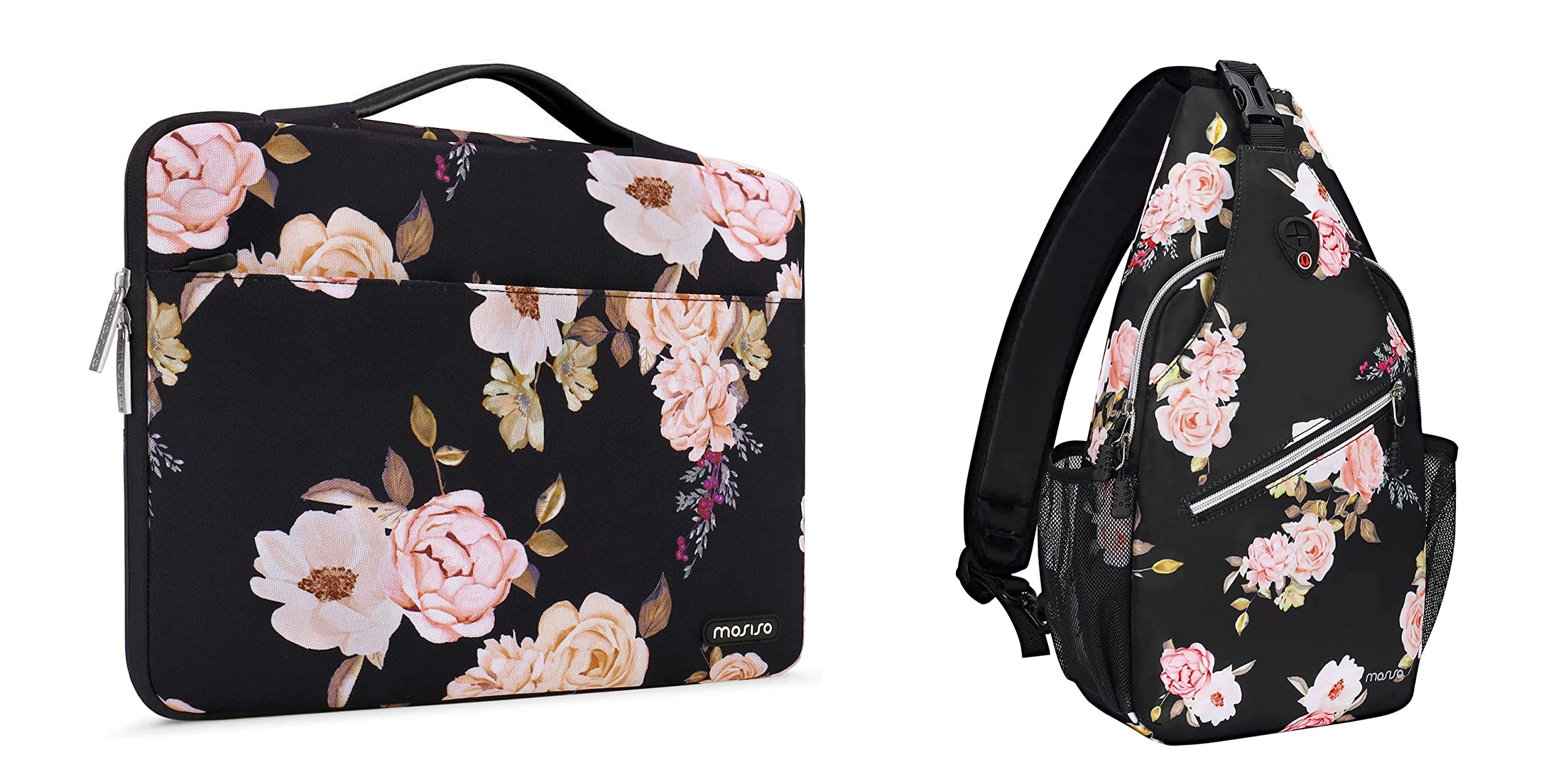 MOSISO 360 Protective Laptop Sleeve & Sling Backpack for MacBook Air/Pro 13-13.3 inch & MacBook Pro 14 inch 2021-2022 (Model A2442) - Peony Design with Trolley Belt, Black | Perfect for Travel, Work & School Commute