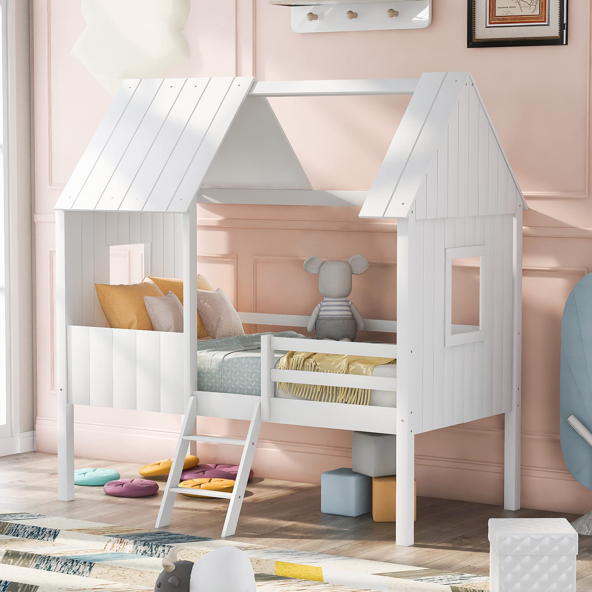 **Merax Twin Size Wooden Loft Bed with Ladder & Guardrails - Sturdy House Design for Kids, Boys & Girls - White Finish - Perfect for Small Bedrooms, Dorm Rooms & Kids' Play Areas**