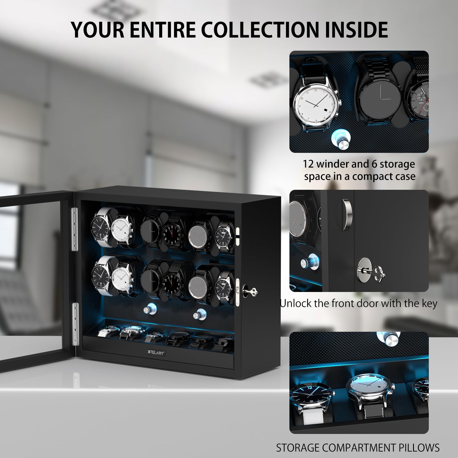 XTELARY Lockable Automatic Watch Winder for 4/6/8/12 Watches - 4 Rotation Modes with Quiet Motor & LED Backlight | Perfect for Watch Collectors, Luxury Timepiece Storage & Travel Protection