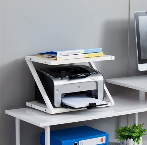 2-Tier White Printer Stand for Desk with Paper Storage - Compact Desktop Printer Organizer & Storage Shelf for Home or Office Workspace - Perfect for HP, Epson, Canon Printers & Office Supplies Organization
