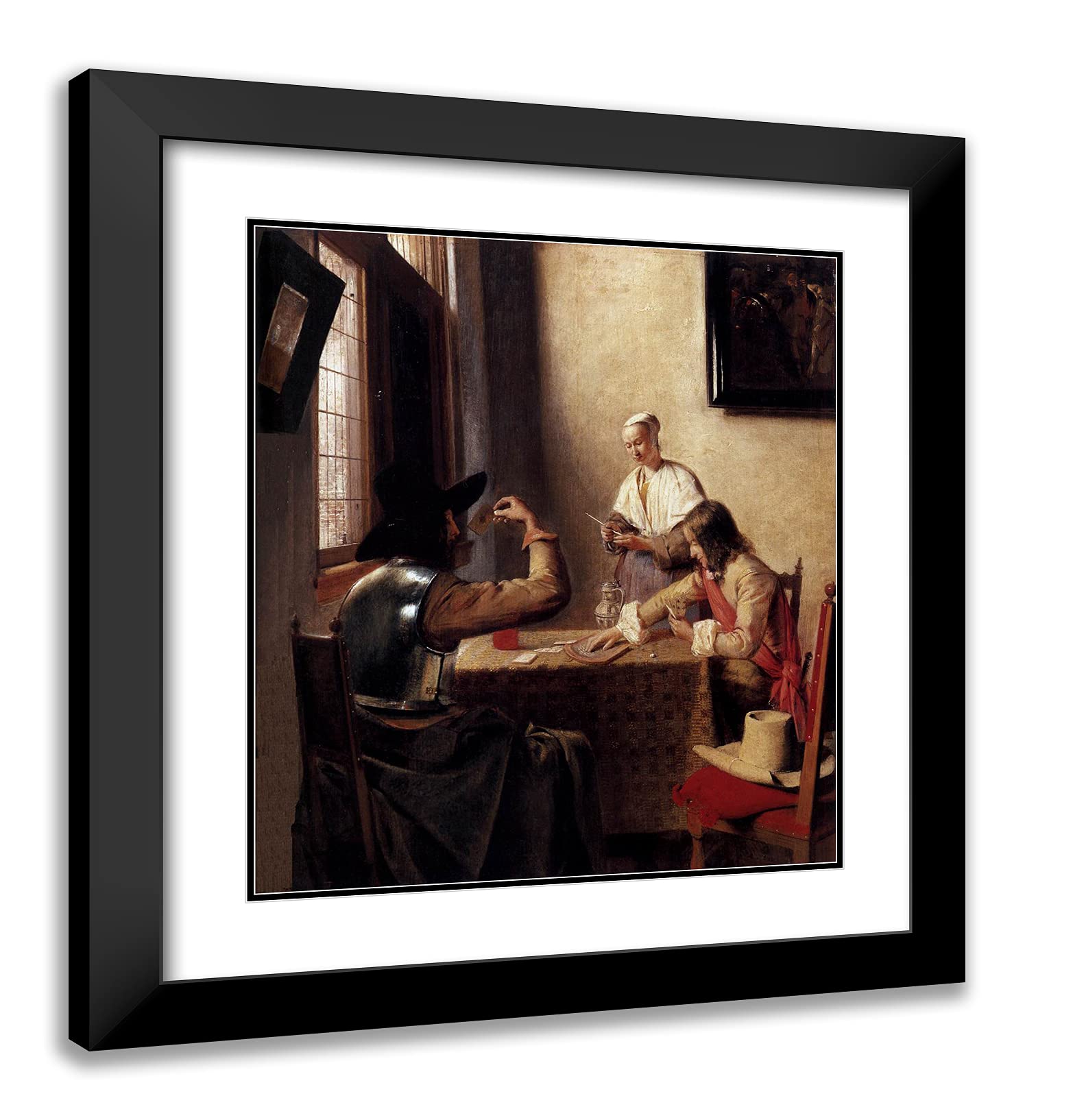 Pieter de Hooch 'Soldiers Playing Cards' 20x22 Inch Black Modern Framed Art Print with Double Matting - Dutch Golden Age Oil Painting Reproduction for Living Room, Office & Gallery Wall Decor