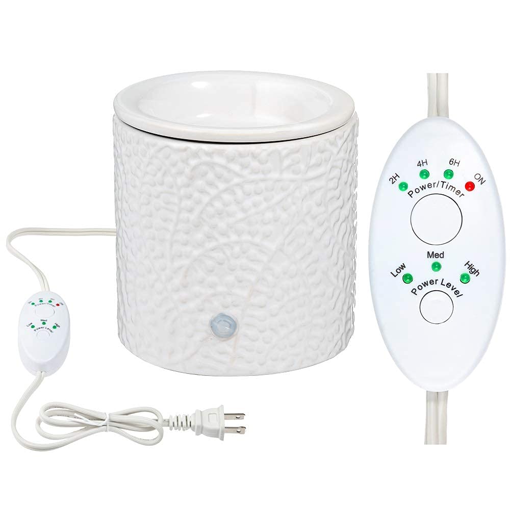 White Leaf Ceramic Electric Candle Warmer with Safety Timer | Automatic Plug-in Wax Melter for Scented Wax Cubes & Tarts | Home Office Air Freshener & Aromatherapy Decor | Perfect for Bedroom, Bathroom, Spa and Gift Giving