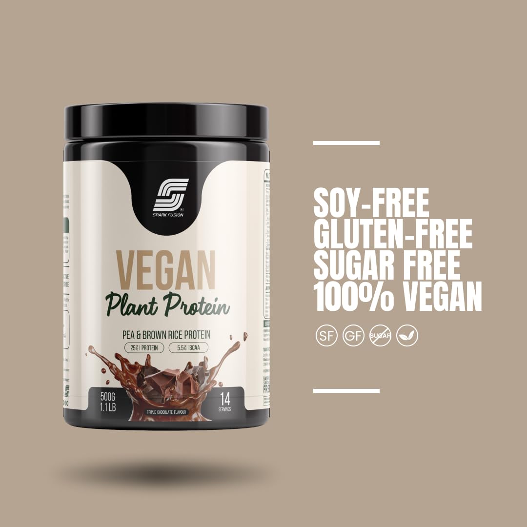 Sparkfusion Vegan Plant Protein Powder - Organic Pea & Brown Rice Protein Isolate | 25g Protein per Serving with All Essential Amino Acids | Easy Digest Triple Chocolate Flavor | 500g for Men & Women | Perfect for Post-Workout Recovery, Smoothie Boosts & Healthy Meal Replacement
