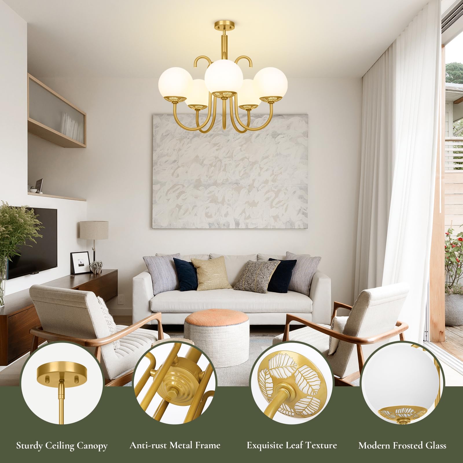 BesLowe Gold Chandelier - 5-Light Mid Century Modern Brass Chandelier for Dining Room, Kitchen Island & Living Room | Adjustable Height Globe Ceiling Light Fixture | Perfect for Entryway, Foyer & Home Decor