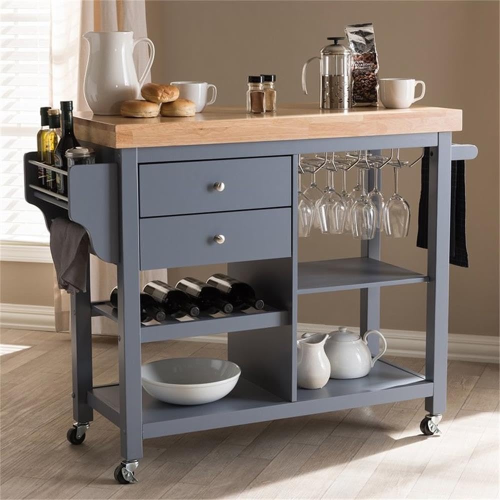 Baxton Studio Sunderland Kitchen Cart with Wheels in Gray - Portable Kitchen Island for Small Spaces, Dining Room Storage & Food Prep Station