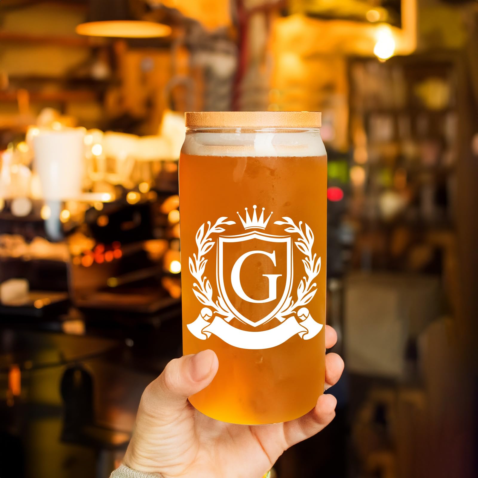 Personalized Monogrammed Beer Can Glass Cup with Lid - Custom Iced Coffee & Beer Tumbler for Men, Women, Dad, Groomsmen - Unique Christmas & Birthday Gift for Beer Lovers, Him, Brother - Perfect for Parties, BBQ, Home Bar & Office Use
