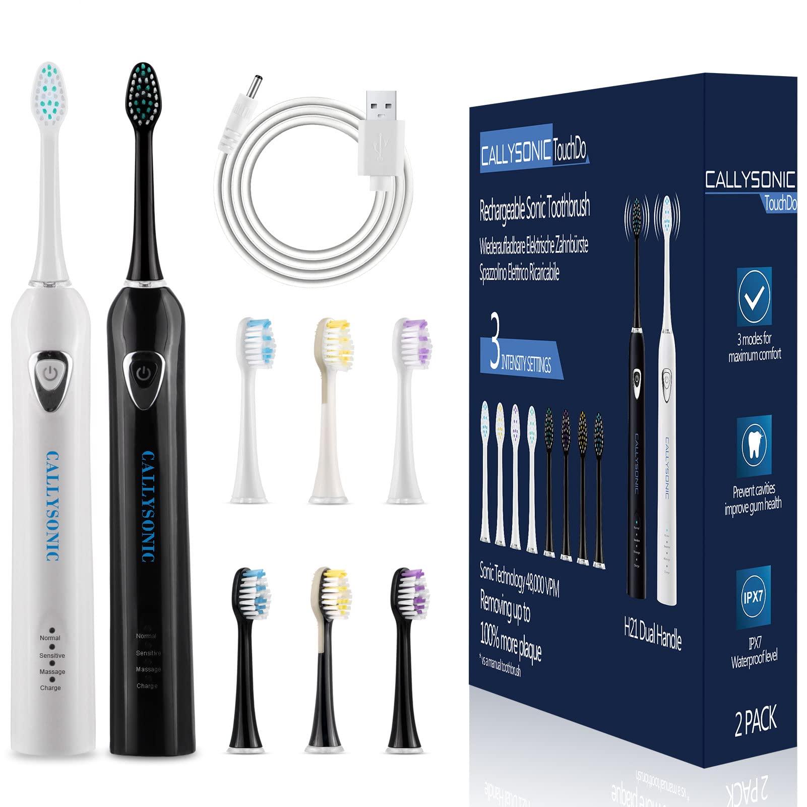 Sonic Electric Toothbrush for Adults - 2 Pack Rechargeable Toothbrush with 3 Cleaning Modes, Smart Timer & 8 Brush Heads - 48,000 VPM for 60 Days Use - Perfect for Travel, Home & Family Oral Care