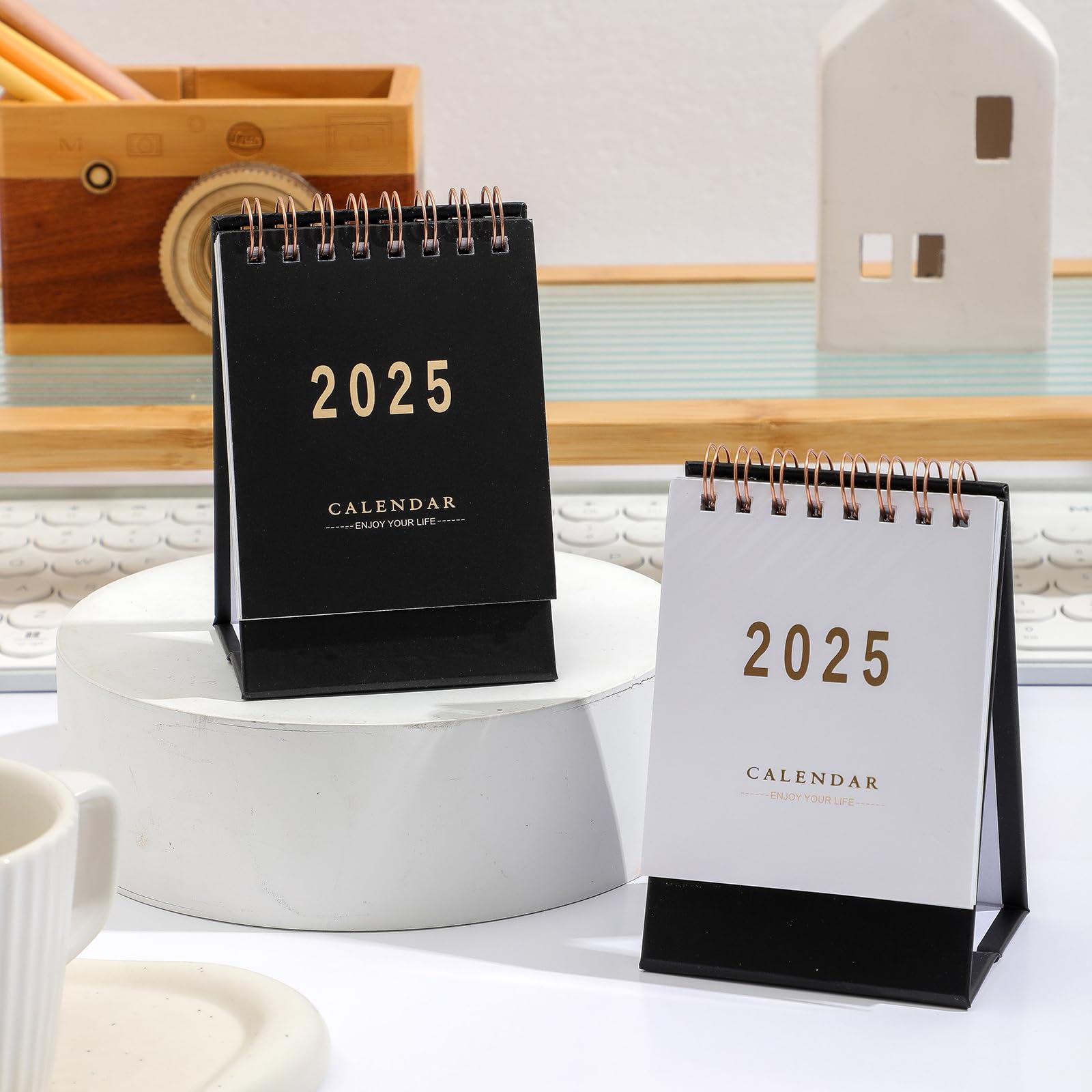 2025 Mini Desk Calendar - Standing Flip Monthly Desktop Planner with Thick Paper & Twin-Wire Binding - Home & Office Organization (Black) - Perfect for Work Desks, Study Tables & Gift Giving