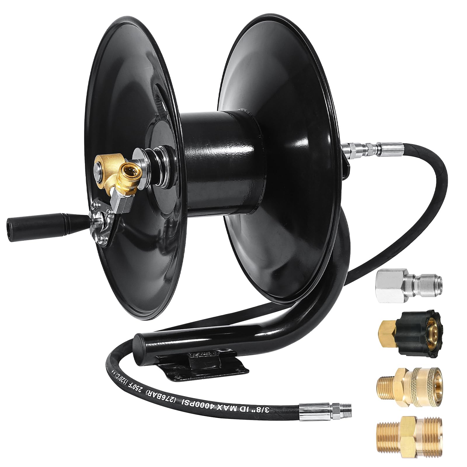 **YAMATIC Heavy Duty 100 ft Pressure Washer Hose Reel with 3ft Jumper Hose - Manual Crank Steel Power Washer Reel with 90° Iron Elbow Adapter (4000 PSI) - Ideal for Car Washing, Home Cleaning & Outdoor Use**