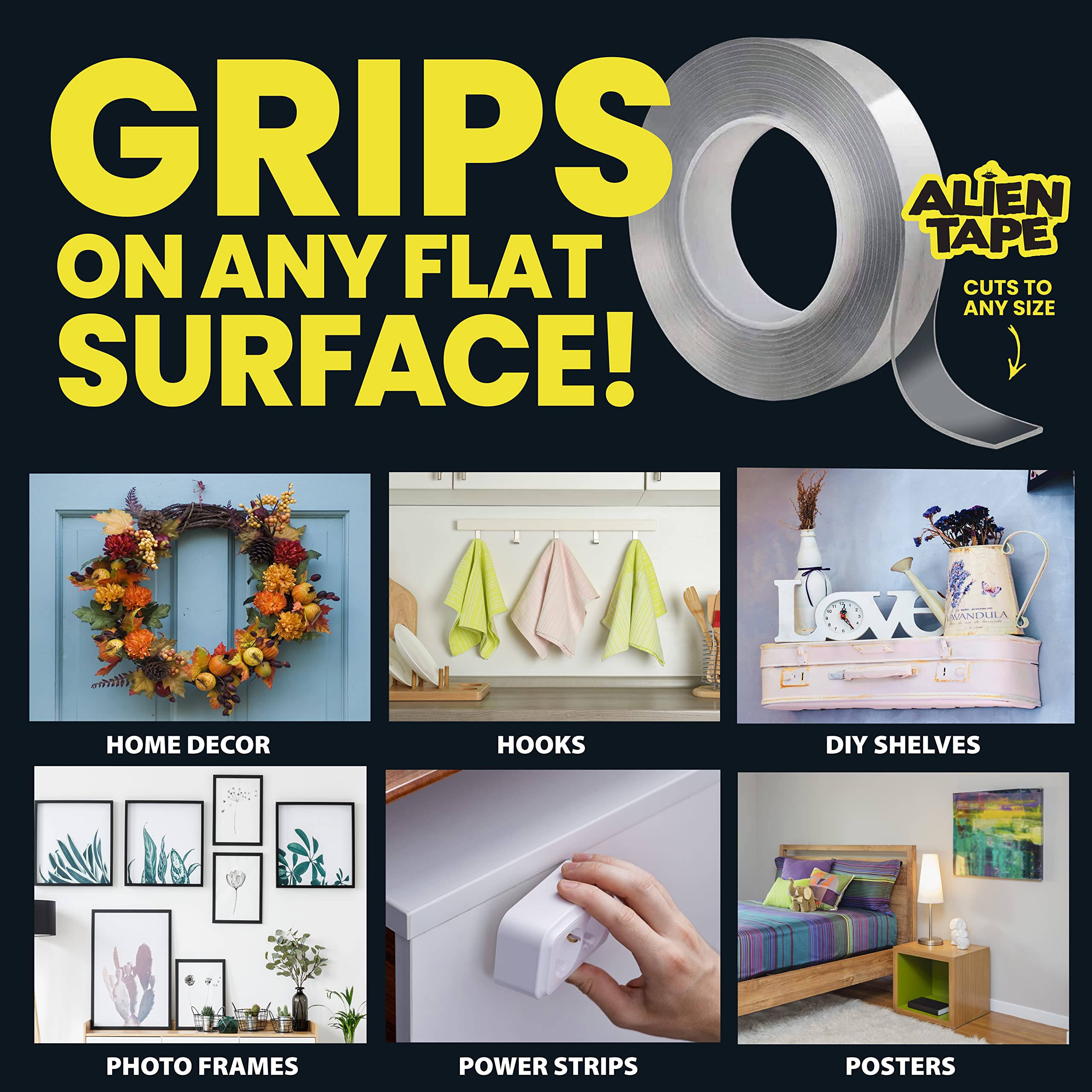 ALIEN TAPE Heavy Duty Double Sided Mounting Tape - 40ft Clear Nano Adhesive Tape for Walls, Photos, Posters & Home Décor | Strong Reusable Wall Tape for Hanging Pictures & Home Organization | As Seen on TV