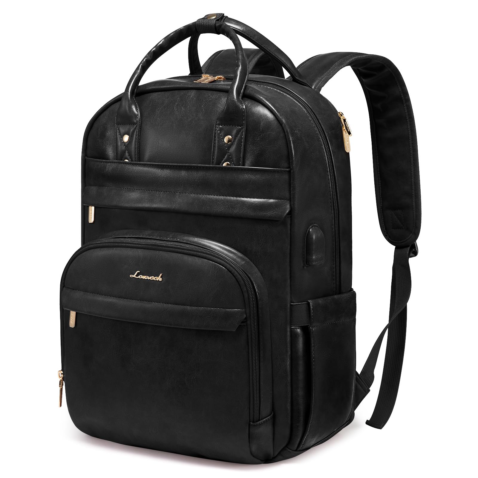 LOVEVOOK Vintage PU Leather Laptop Backpack for Women - 15.6 Inch USB Charging Port, Waterproof Work & Travel Backpack - Perfect for Business, Office, School & Commuting (Black)