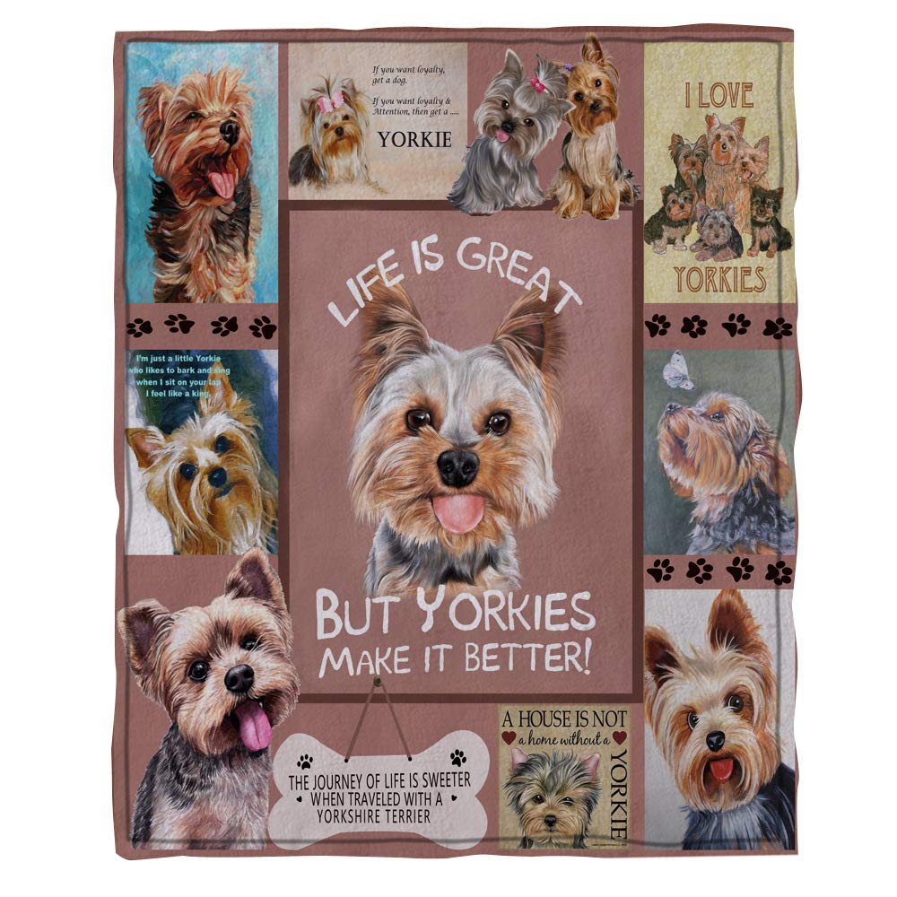 Yorkies Make Life Better - Ultra Soft Plush Flannel Blanket for Sofa, Couch, Bed, Travel & Office - Lightweight Cozy Throw Blanket 60'' x 50'' - Perfect for Snuggling, Lounging & Home Decor