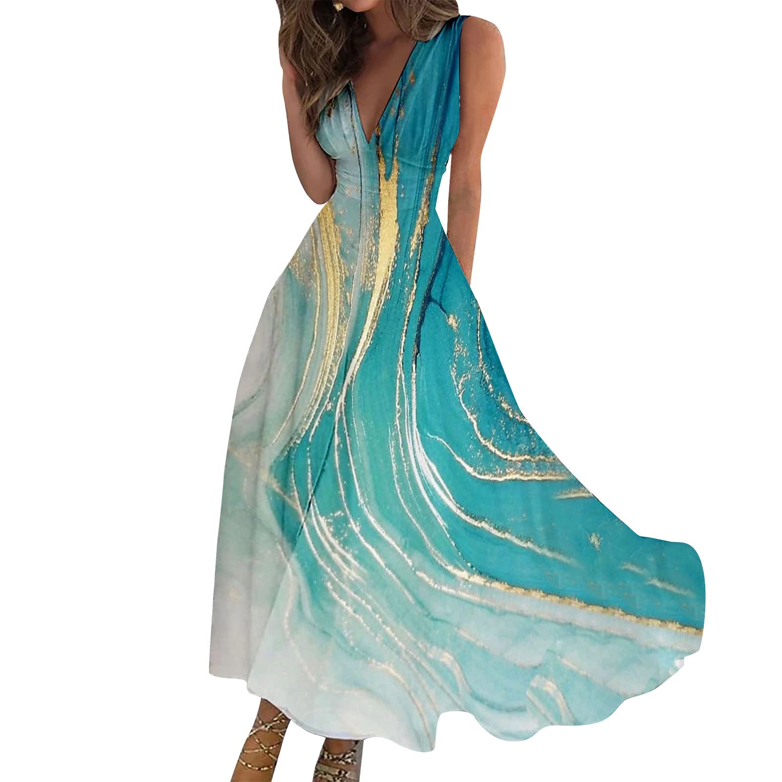 2024 Women's Yellow Boho Maxi Dress - V Neck Sleeveless Waist Retraction Printed Long Dress for Wedding Guest, Prom & Summer Beach | Casual Elegant Flowy Dress for Outdoor Parties, Vacations & Special Occasions (Cyan, Medium)