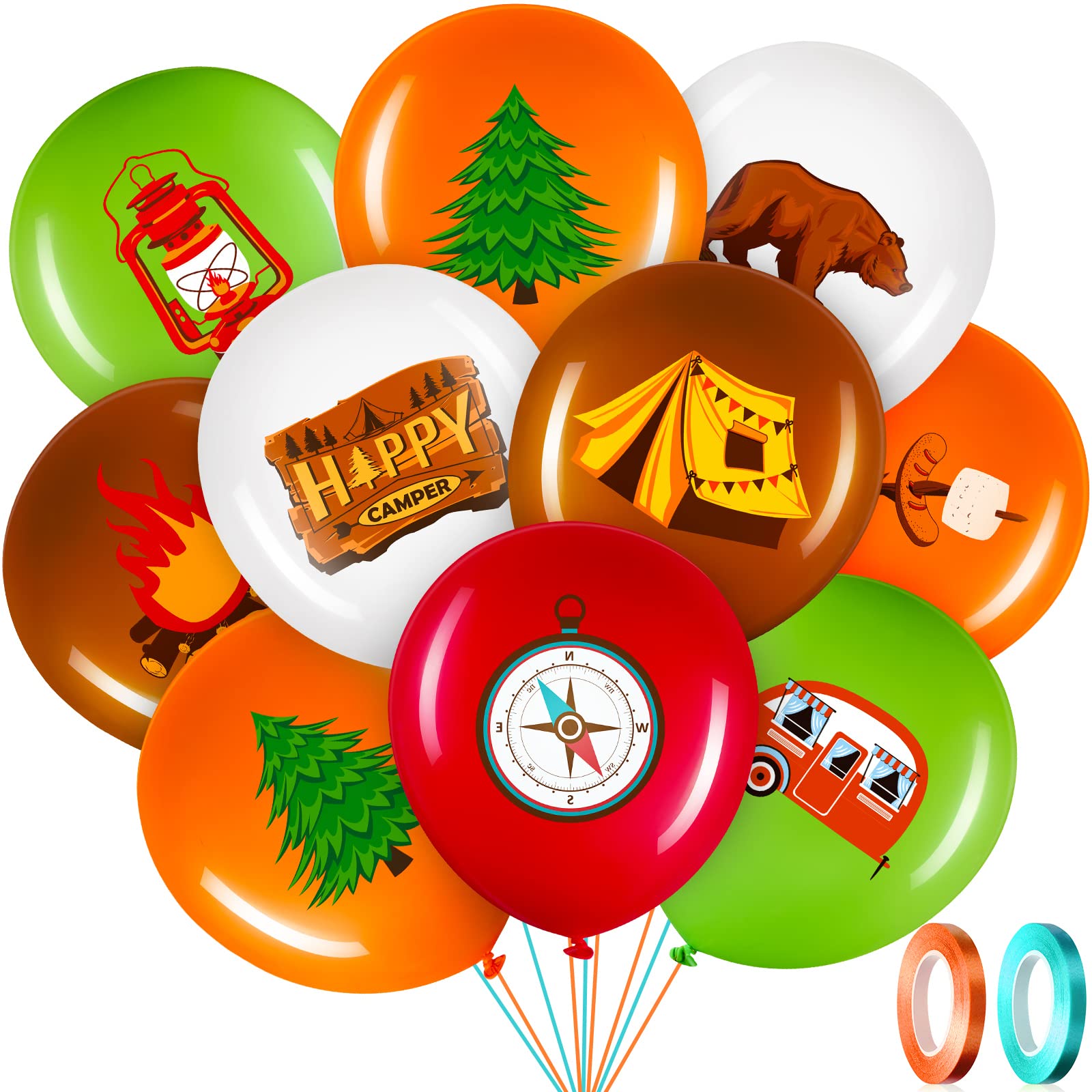 45 Pcs Colorful Camping Party Balloons Decorations - 12 Inch Latex Balloon Kit with Green & Brown Ribbons for Camping, Hiking & Outdoor Adventure Parties - Perfect for Kids, Boys, Girls & Camper Themed Celebrations
