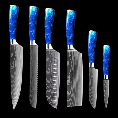 Premium Damascus Steel Kitchen Knife Set - 6PCS Japanese Chef Knives with Laser Pattern, 440C Stainless Steel for Professional Cooking & Home Kitchen Use